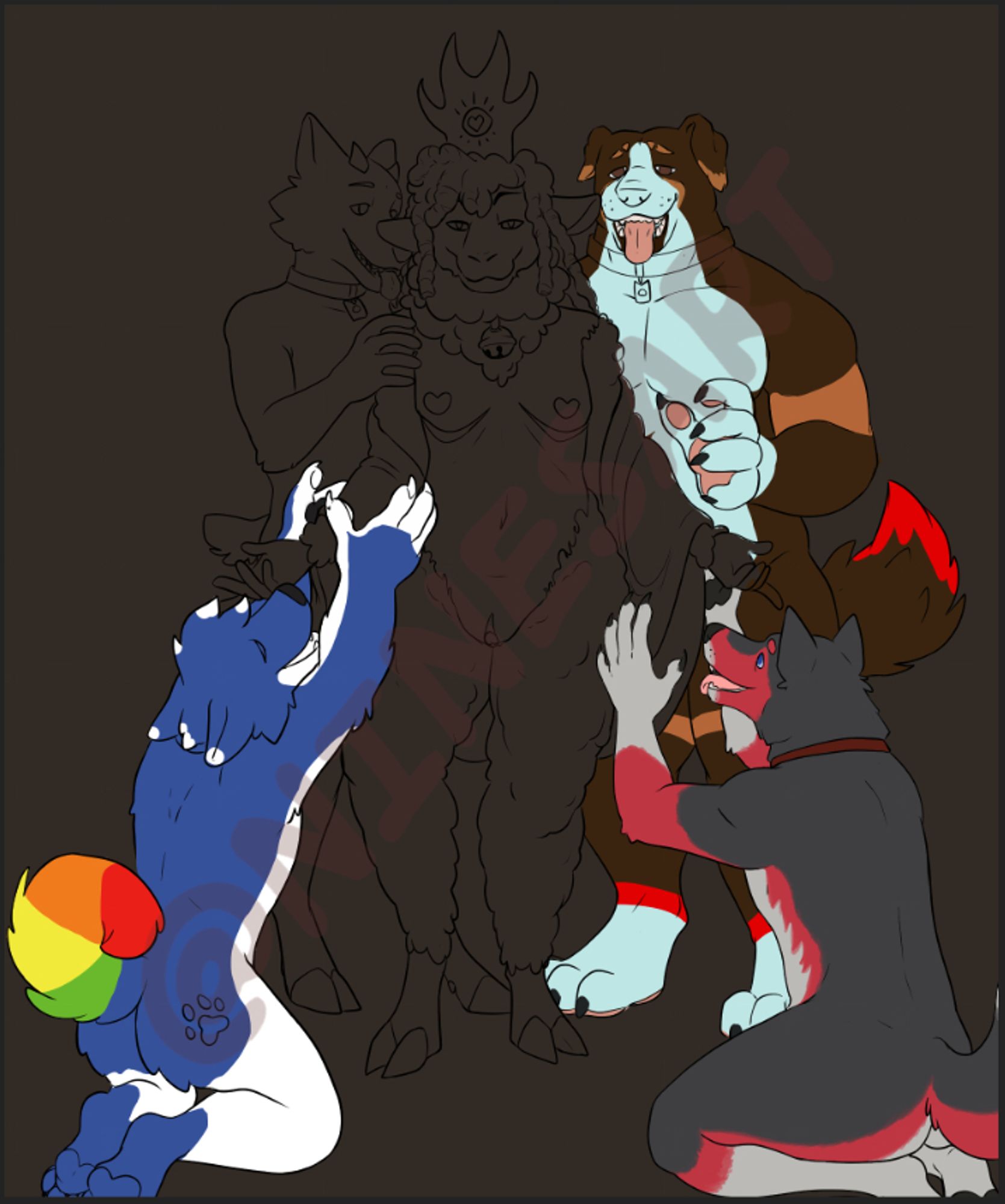 Work in Progress image of Digital Art. Art is a brown canvas with the lamb from Cult of the Lamb standing in the center. He has top surgery scars, heart shaped nipples, and his crown has four horns rather than two. His cloak is falling from his shoulders. Around him are a blue and white dog with a rainbow tail, a red, black and white husky kneeling in front of him, a large brown and blue dog, and an uncolored linework of a dog-goat hybrid