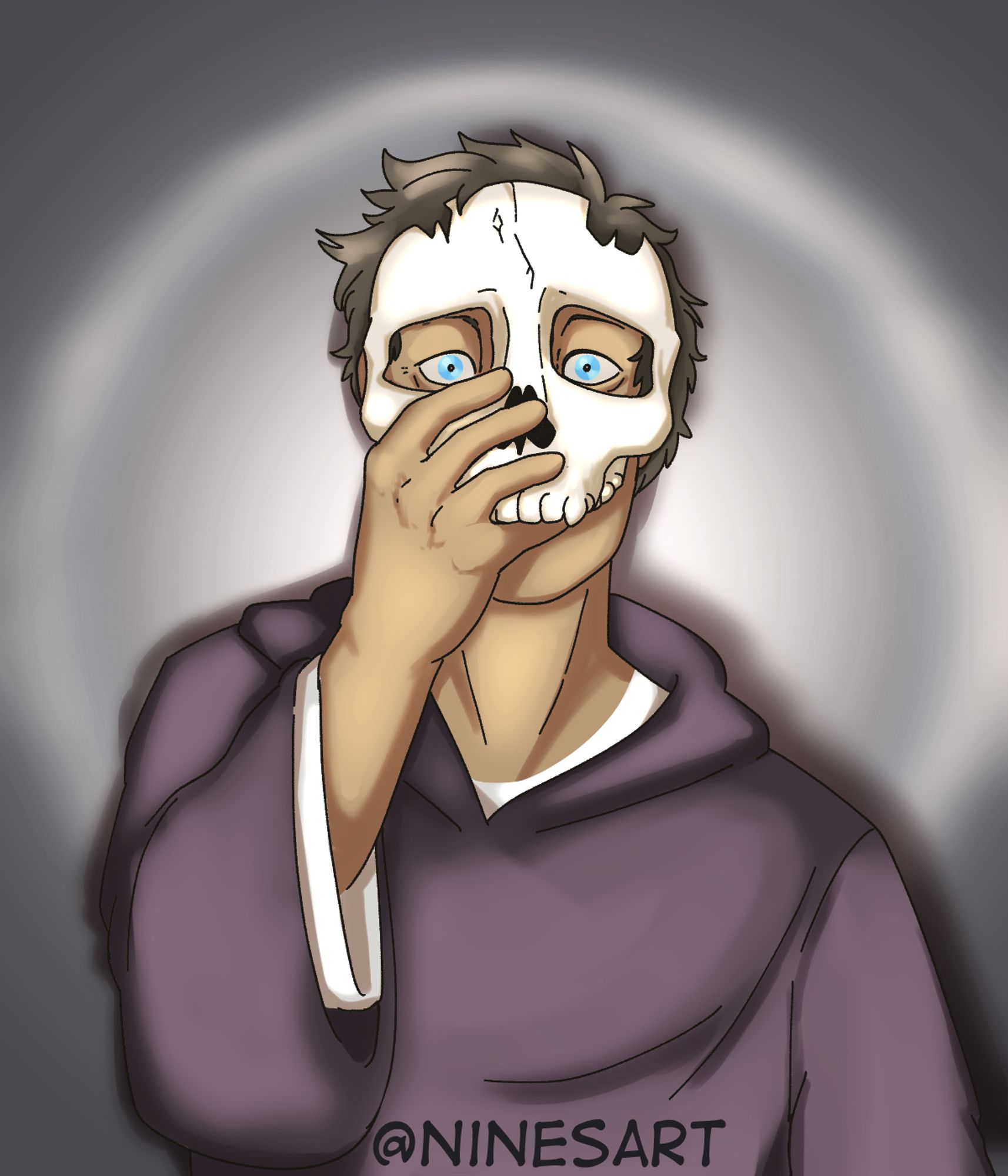 Digital art of a man in a gray robe facing toward the camera. He is holding the cracked upper half of a skull up to his face with one hand. A flashlight shines on him.