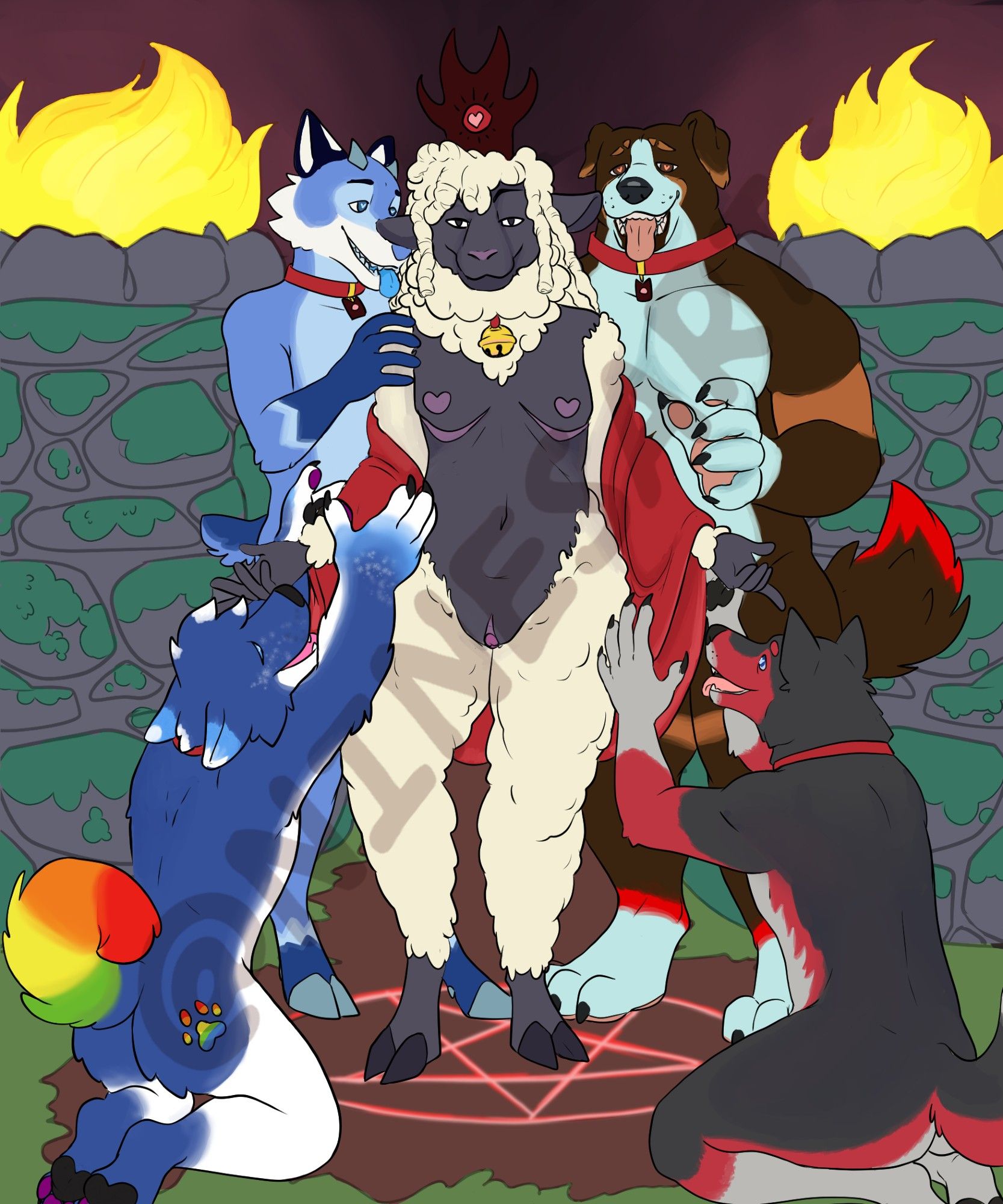 Digital Art: Five Anthropomorphic characters stand in front of stone braziers blazing with fire, with a glowing pentagram beneath them in the center.
The central character is The Lamb, a sheep with his red shawl falling off his shoulders. He looks toward the viewer with a seductive gaze. The other four are canines, two in front (Brownie and Hico) kneeling and reaching up to him, and two behind (Dan and Croft) with one arm each reaching for his shoulders. All four wear bright red collars that match the Lamb, and they have hearts in their eyes as they lust for their leader.