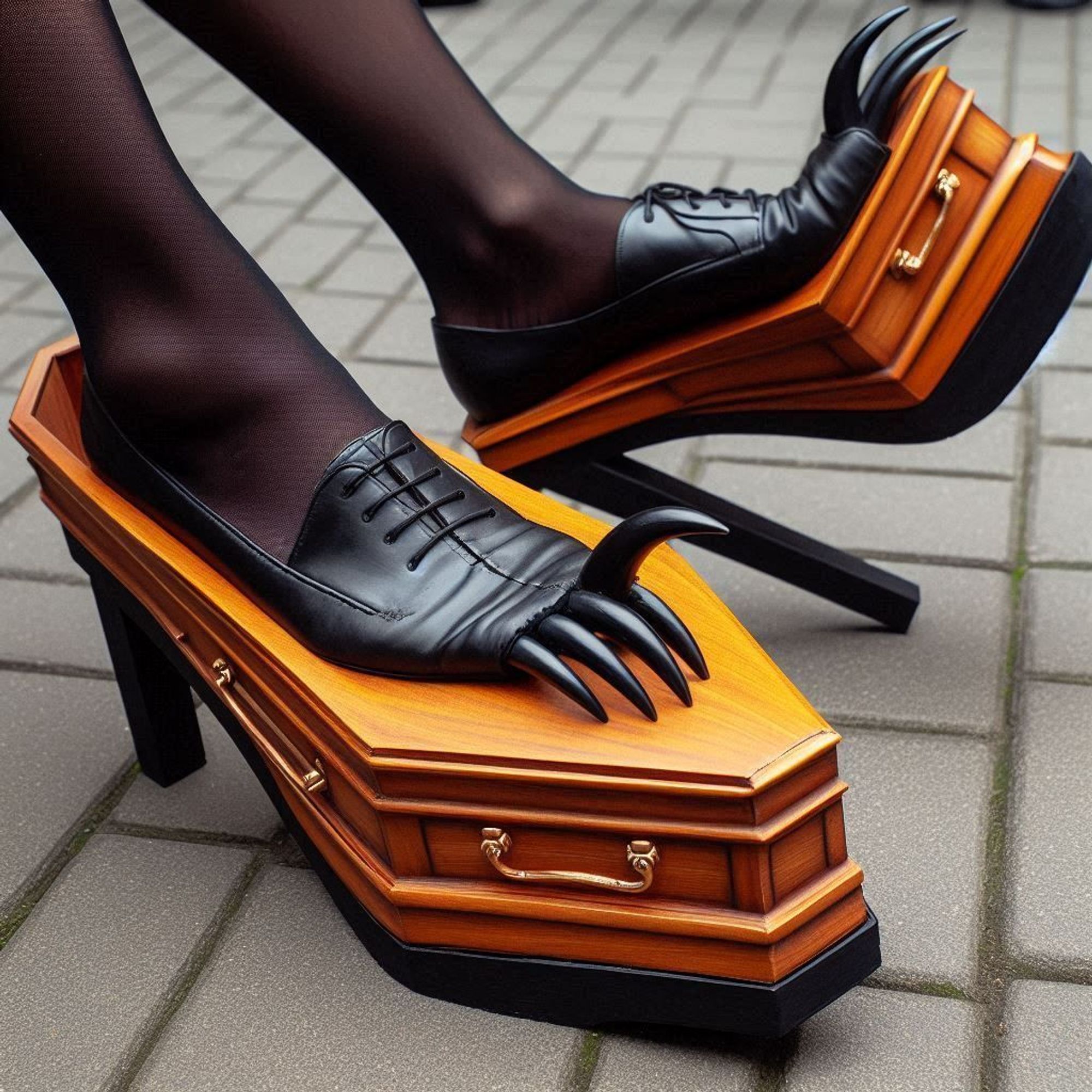 Digitally created image of a pair of shoes with claw-shaped heels and coffin-shaped soles. The shoes are black with gold-colored details that mimic coffin handles. The person wearing these shoes is standing on a paved surface and is also wearing black tights. #Fashion #Style #Shoes #Footwear #Trends #UniqueDesign #GothicFashion #DigitalArt #FashionStatement #CreativeDesign #Goth #Dark #Satanic #Underground #GothicFashion #DarkArt #Occult #AlternativeFashion #DarkAesthetic #GothStyle #DarkCulture #Macabre #DarkBeauty #GothicArt #DarkFashion #DarkMusic #GothicLifestyle #DarkWave #BlackMetal #DarkGlamour #GothicSubculture#Gótico #Oscuro #Satánico #Underground #ModaGótica #ArteOscuro #Oculto #ModaAlternativa #EstéticaOscura #EstiloGótico #CulturaOscura #Macabro #BellezaOscura #ArteGótico #ModaOscura #MúsicaOscura #EstiloDeVidaGótico #OndaOscura #Metal #GlamourOscuro #SubculturaGótica