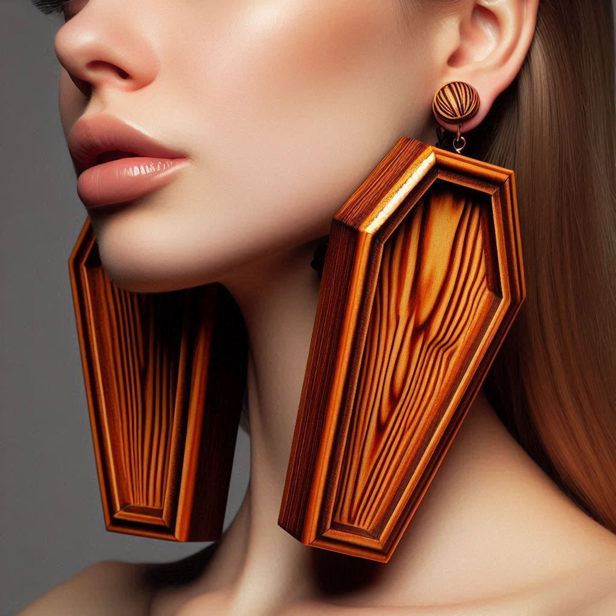 A pair of large, coffin-shaped earrings made of wood, with a visible wood grain texture. The earrings are hanging from the ears of a person whose face is blurred out.  #Style #Jewelry #Trends #Fashion #Accessories #Earrings #UniqueDesign #DigitalArt #FashionStatement  #Goth #Dark #Satanic #Underground #GothicFashion #DarkArt #Occult #AlternativeFashion #DarkAesthetic #GothStyle #DarkCulture #Macabre #DarkBeauty #GothicArt #DarkFashion #DarkMusic #GothicLifestyle #DarkWave #BlackMetal #DarkGlamour #GothicSubculture#Gótico #Oscuro #Satánico #Underground #ModaGótica #ArteOscuro #Oculto #ModaAlternativa #EstéticaOscura #EstiloGótico #CulturaOscura #Macabro #BellezaOscura #ArteGótico #ModaOscura #MúsicaOscura #EstiloDeVidaGótico #OndaOscura #Metal #GlamourOscuro #SubculturaGótica