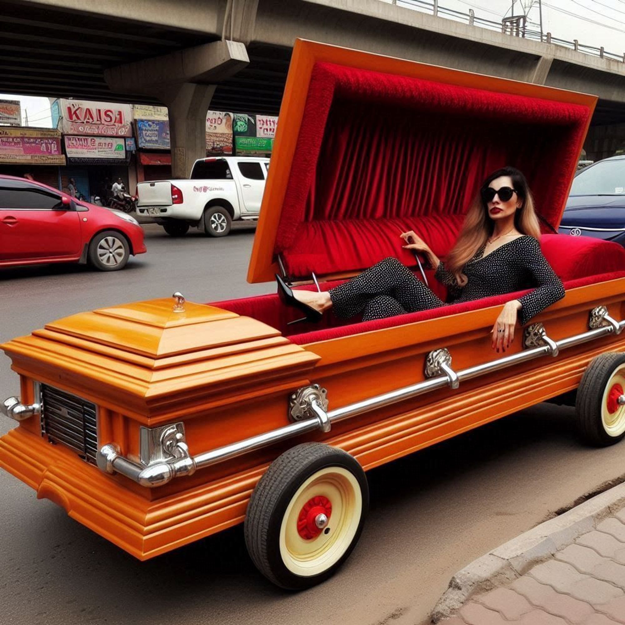 Digitally created image of a wooden coffin with wheels, designed to resemble a car, placed on a road with moving traffic in the background. The coffin is open, revealing red interior lining and a person sitting inside, holding a mobile device with their face obscured by pixelation.#Cars #Vehicles #Automotive #CarDesign #UniqueDesign #DigitalArt #CreativeDesign #CoffinCar #SocialMedia #Trends #Goth #Dark #Satanic #Underground #GothicFashion #DarkArt #Occult #AlternativeFashion #DarkAesthetic #GothStyle #DarkCulture #Macabre #DarkBeauty #GothicArt #DarkFashion #DarkMusic #GothicLifestyle #DarkWave #BlackMetal #DarkGlamour #GothicSubculture#Gótico #Oscuro #Satánico #Underground #ModaGótica #ArteOscuro #Oculto #ModaAlternativa #EstéticaOscura #EstiloGótico #CulturaOscura #Macabro #BellezaOscura #ArteGótico #ModaOscura #MúsicaOscura #EstiloDeVidaGótico #OndaOscura #Metal #GlamourOscuro #SubculturaGótica #witchsky