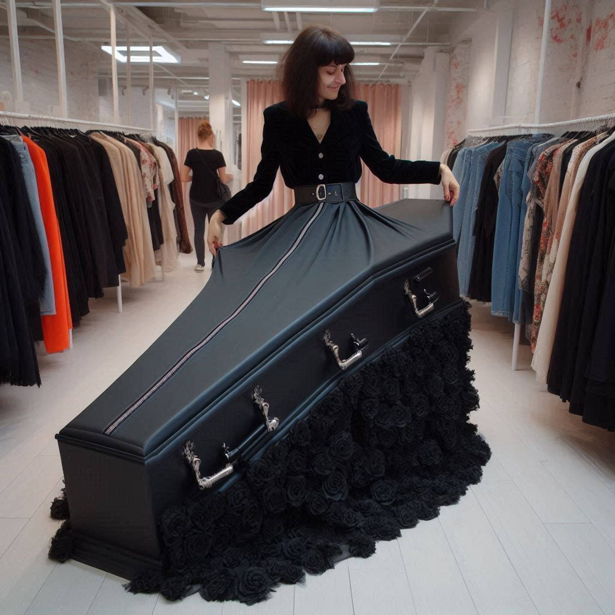 Digitally created image of a person wearing a dress designed to resemble a coffin. The bottom part of the dress is wide and decorated with black flowers, creating the appearance of a coffin’s shape. The person’s face is obscured for privacy. #Fashion #Style #Dress #Trends #UniqueDesign #GothicFashion #DigitalArt #FashionStatement #CreativeDesign #CoffinDress #Goth #Dark #Satanic #Underground #GothicFashion #DarkArt #Occult #AlternativeFashion #DarkAesthetic #GothStyle #DarkCulture #Macabre #DarkBeauty #GothicArt #DarkFashion #DarkMusic #GothicLifestyle #DarkWave #BlackMetal #DarkGlamour #GothicSubculture#Gótico #Oscuro #Satánico #Underground #ModaGótica #ArteOscuro #Oculto #ModaAlternativa #EstéticaOscura #EstiloGótico #CulturaOscura #Macabro #BellezaOscura #ArteGótico #ModaOscura #MúsicaOscura #EstiloDeVidaGótico #OndaOscura #Metal #GlamourOscuro #SubculturaGótica #witchsky