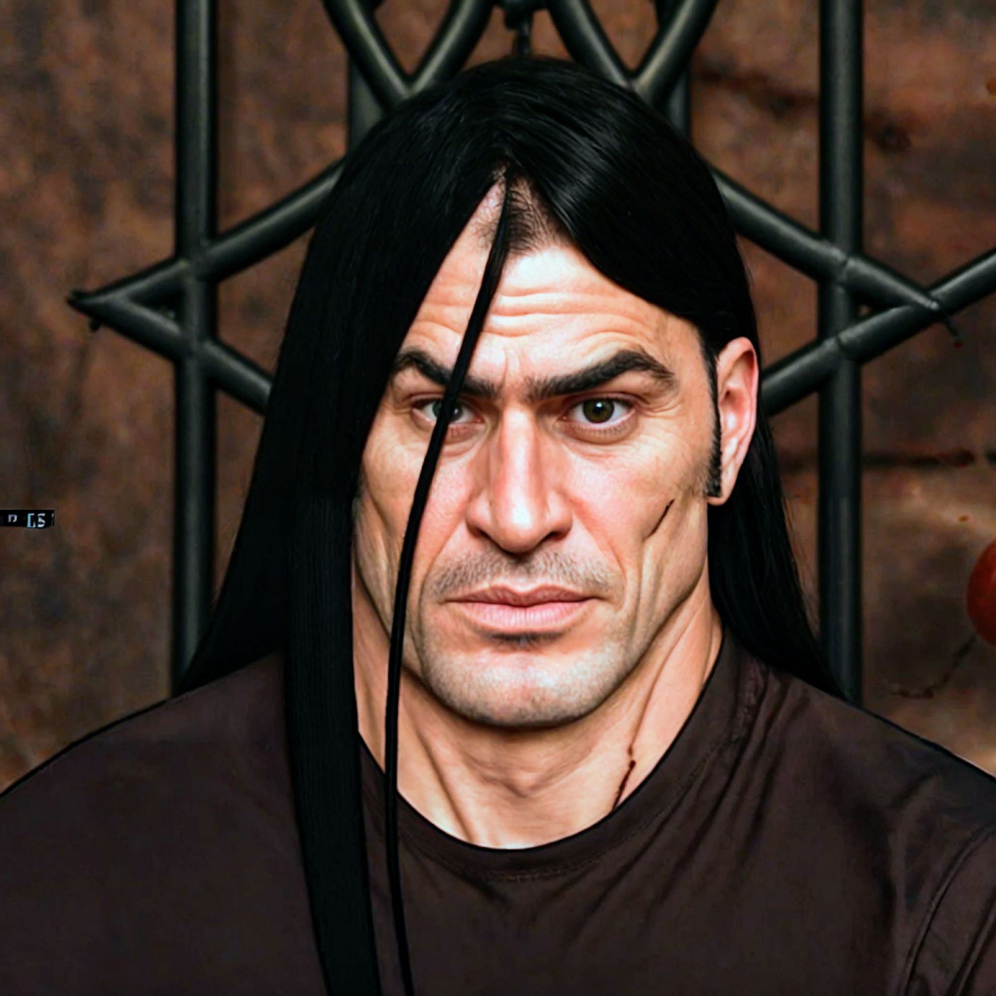 A realistic image of Nathan Explosion, a character from the series 'Metalocalypse' and the band Dethklok. Nathan has long black hair partially covering his face, a strong jawline, and a severe expression. His green eyes are piercing, and he has a noticeable scar on his cheek. The background is dark and metallic with splatters, maintaining an intense and grim atmosphere