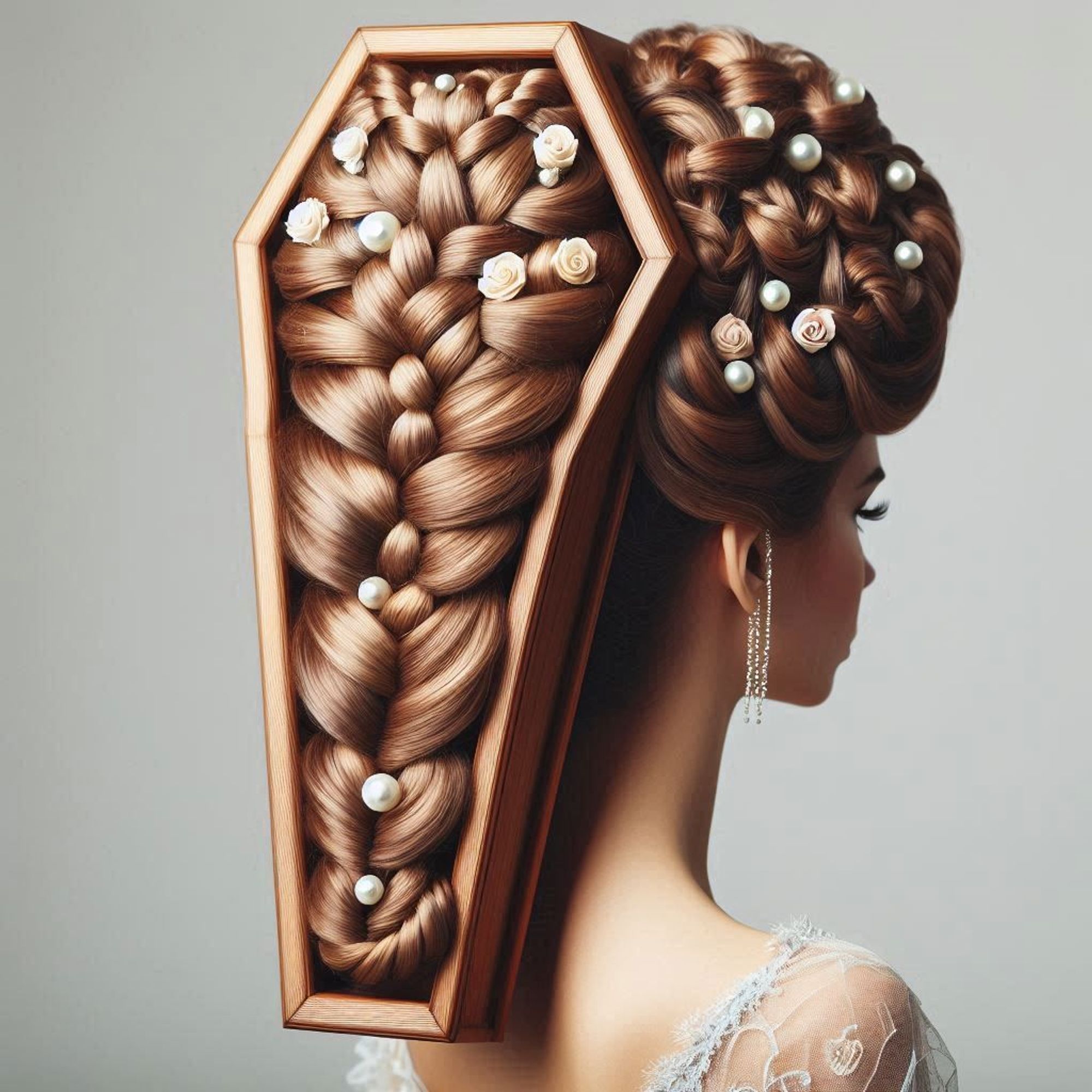 Digitally created image of a person with an elaborate hairstyle resembling the shape of a coffin. The hair is intricately braided and woven, with small decorative elements like pearls and flowers inserted within the braids. The wooden texture around the hair gives it the appearance of being encased in a coffin. Fashion #Style #Hair #Hairstyle #Trends #UniqueDesign #GothicFashion #DigitalArt #FashionStatement #CreativeDesign #CoffinHair #Goth #Dark #Satanic #Underground #GothicFashion #DarkArt #Occult #AlternativeFashion #DarkAesthetic #GothStyle #DarkCulture #Macabre #DarkBeauty #GothicArt #DarkFashion #DarkMusic #GothicLifestyle #DarkWave #BlackMetal #DarkGlamour #GothicSubculture#Gótico #Oscuro #Satánico #Underground #ModaGótica #ArteOscuro #Oculto #ModaAlternativa #EstéticaOscura #EstiloGótico #CulturaOscura #Macabro #BellezaOscura #ArteGótico #ModaOscura #MúsicaOscura #EstiloDeVidaGótico #OndaOscura #Metal #GlamourOscuro #SubculturaGótica #witchsky