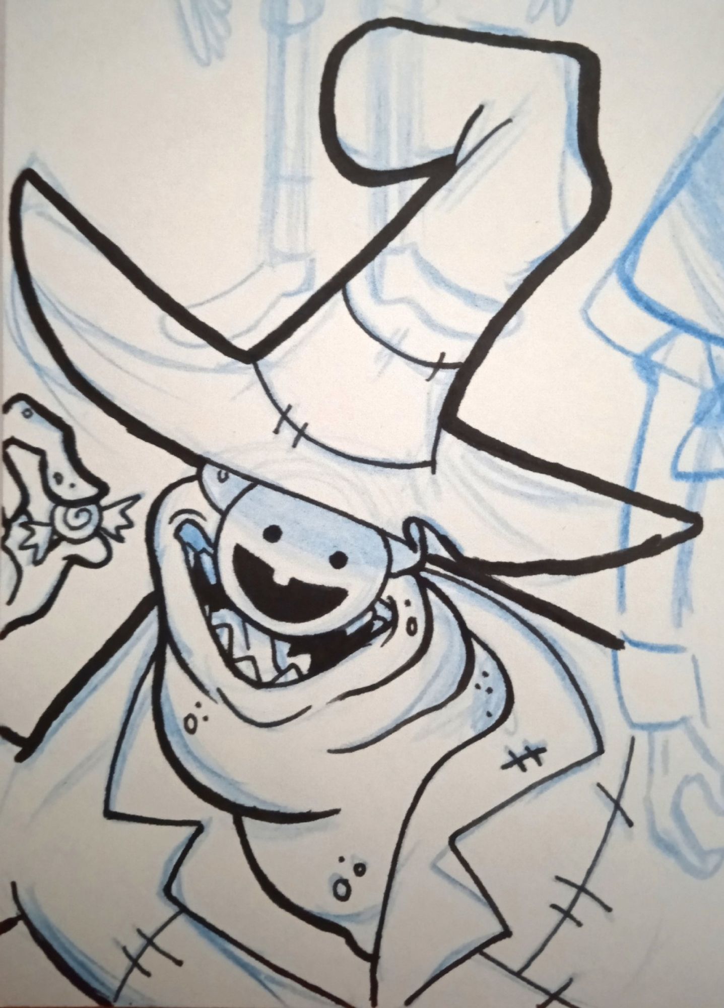 A traditional drawing of the Summerween Trickster from the show "Gravity Falls". He's smiling, his real and big mouth with sharp teeth peeking out from behind his small mask. He's holding a single candy in his hand.