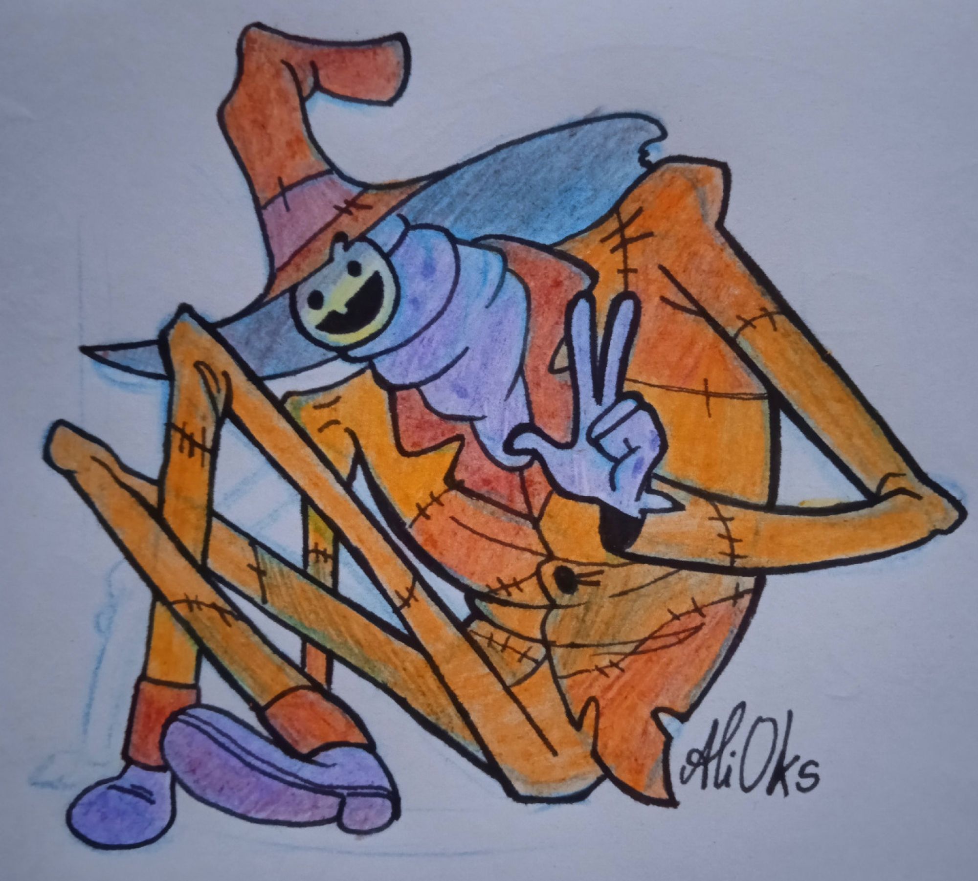 A traditional drawing of the Summerween Trickster from the show "Gravity Falls". He's sitting with his knees bent and legs crossed, showing a peace sign with one hand and using the other as support.