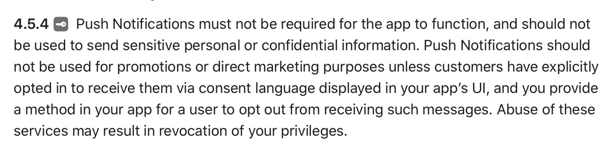 screenshot of Terms & Conditions point banning the use of push notifications for direct marketing unless the user has specifically opted in to such use.