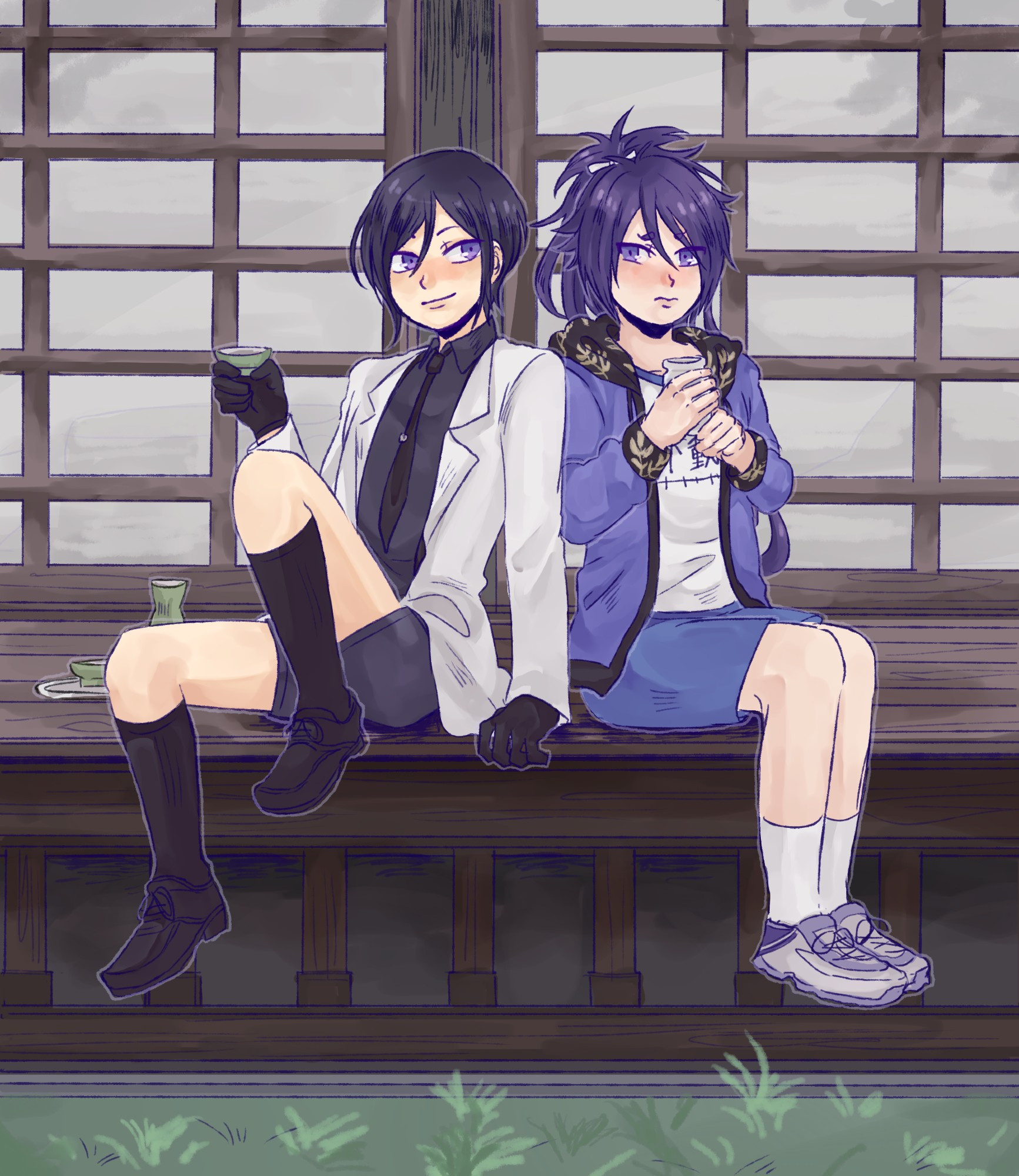 Yagen Toushirou and Fudou Yukimitsu from Touken Ranbu sitting together at the edge of the citadel floor with closed screen doors behind them. Yagen is holding a cup of sake with a tray of sake behind him while Fudou is holding a bottle of amazake. 