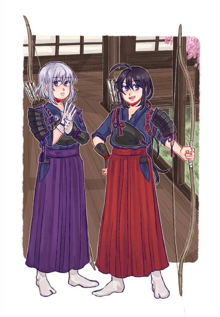 Honebami Toushirou and Namazuo Toushirou standing next to each in the wood floor hallway of the citedel while wearing Japanese archery gear combined with elements of their regular battle armor. Namazuo is holding a large bow taller than he is in one hand using the floor for support. He has a case of arrows attached to his back with the bottom of the arrows sticking out. Honebami is adjusting his gloves while his bow is attached to his back along with the case of arrows. 