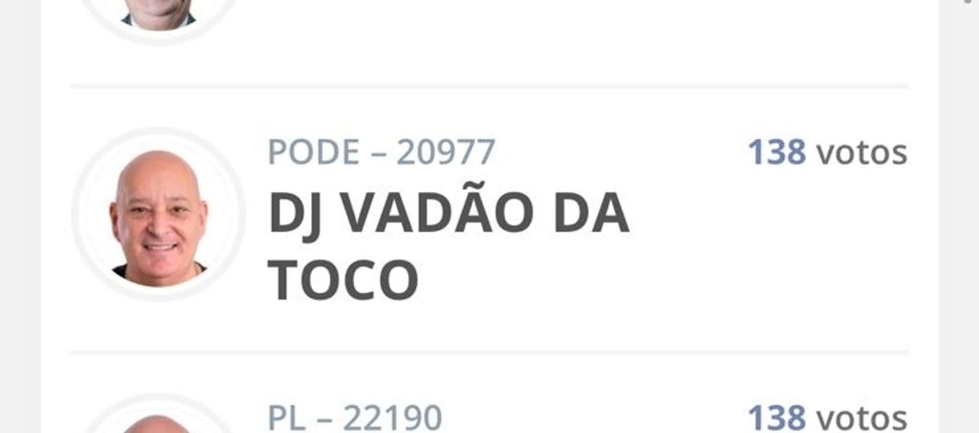 Print de apuração da urna em São Paulo pra vereadores com um candidato que se auto denomina DJ VADAO DA TOCO