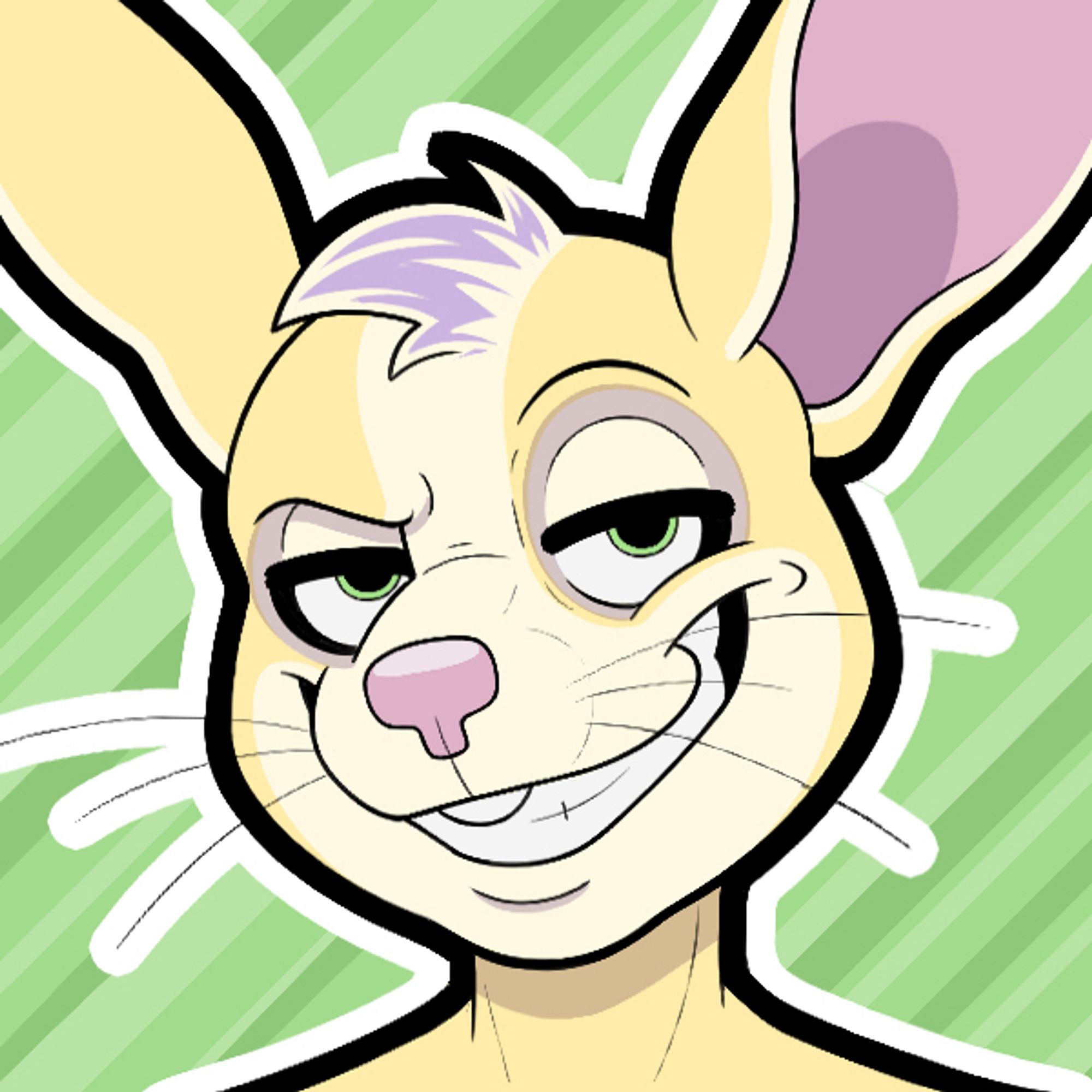 A headshot icon of QT, a jerboa with soft yellow for and purple highlights, grinning dirtily at the viewer