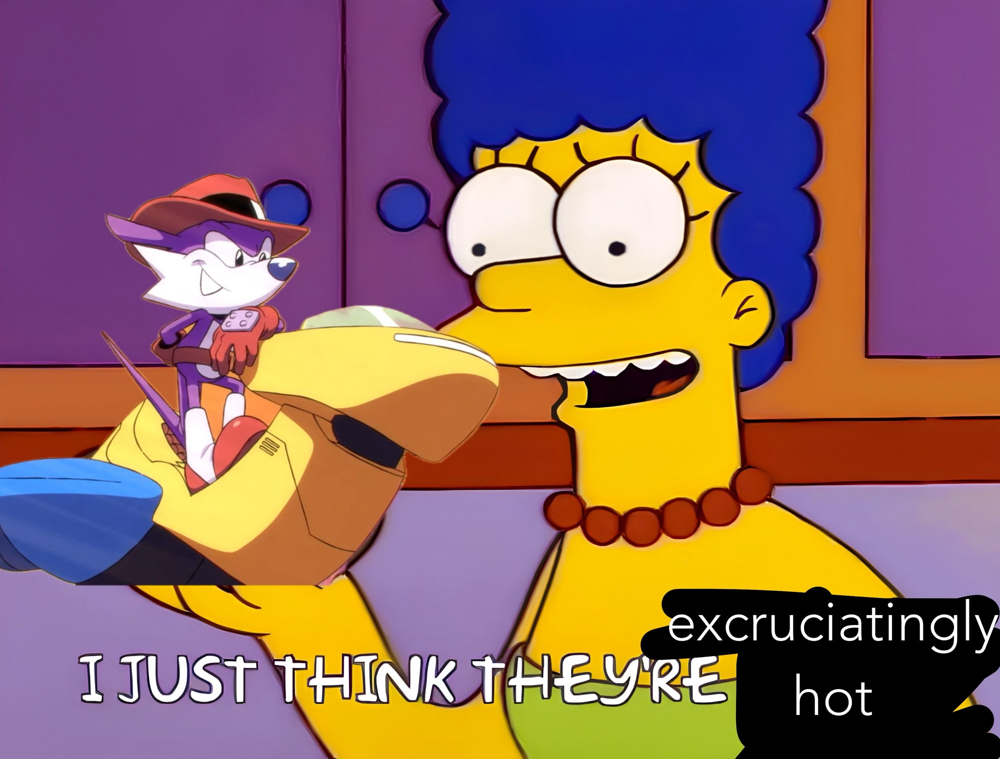 Marge Simpson holding up Fang the sniper with the caption “I just think they’re” and then the last word has been blacked out and replaced with “excruciatingly hot”