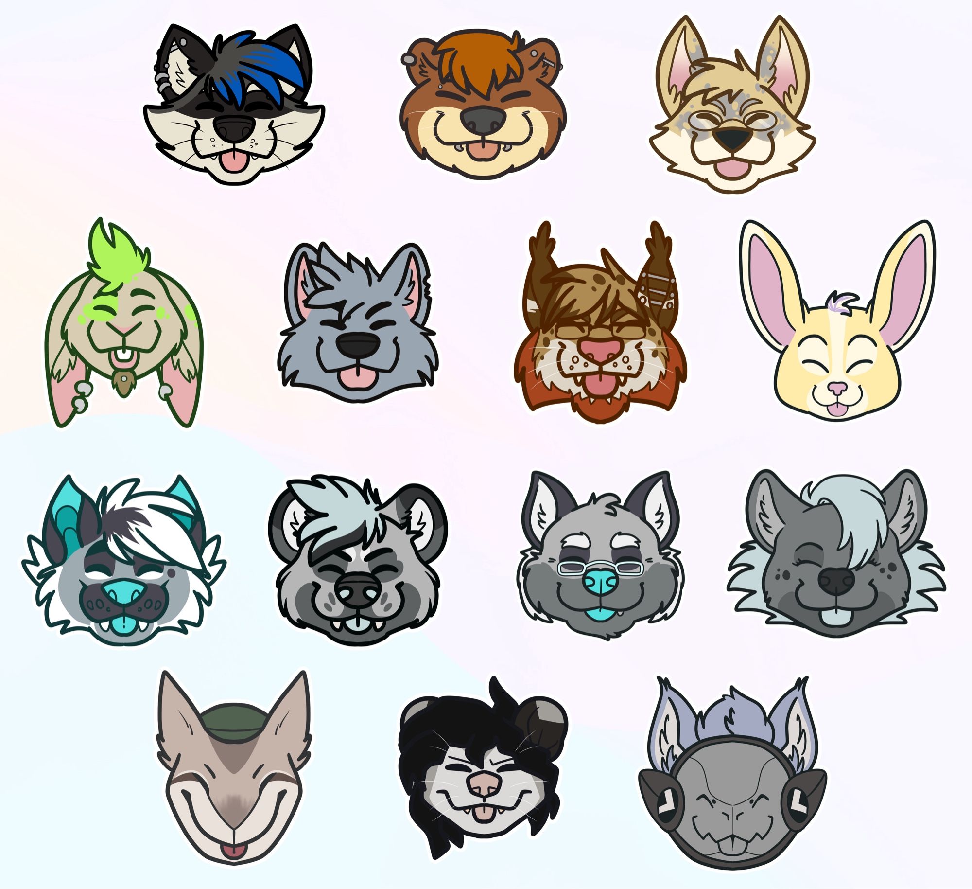 A montage of fourteen furry characters doing a blep - having their eyes closed with the tip of their tongue sticking out. The characters are:
- Shiro, a raccoon with blue highlights 
- Rudder, an otter with facial piercings
- Chan, a folf with mottled silver and gold fur
- Jay, a rabbit with poorly dyed green hair 
- Shawn, a werewolf with a chunk missing from his ear
- Rhys, a lynx with gay bearish features 
- QT, a jerboa with purple highlights 
- Swisher, a very fluffy striped hyena 
- Tinker, Swisher’s spotted hyena brother
- Taylor, the yeens’ striped dad 
- Sayla, the yeens’ spotted mum 
- Tanse, a sergal (they’re actually a tanuki don’t tell anyone)
- Hissboy, an opossum with long black hair 
- Kine, a protogen with a visor made from epaper