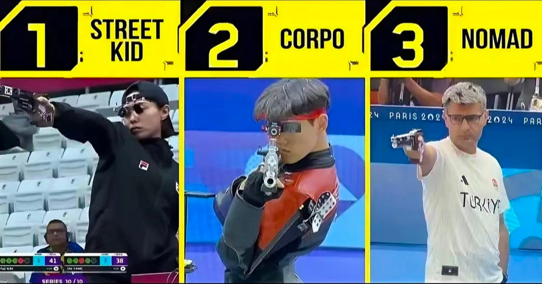 Three pictures of olympic shooters with Cyberpunk 2077 origins. South Korea is Streekid, the guy with the red headband is Corpo and Turkey is Nomad