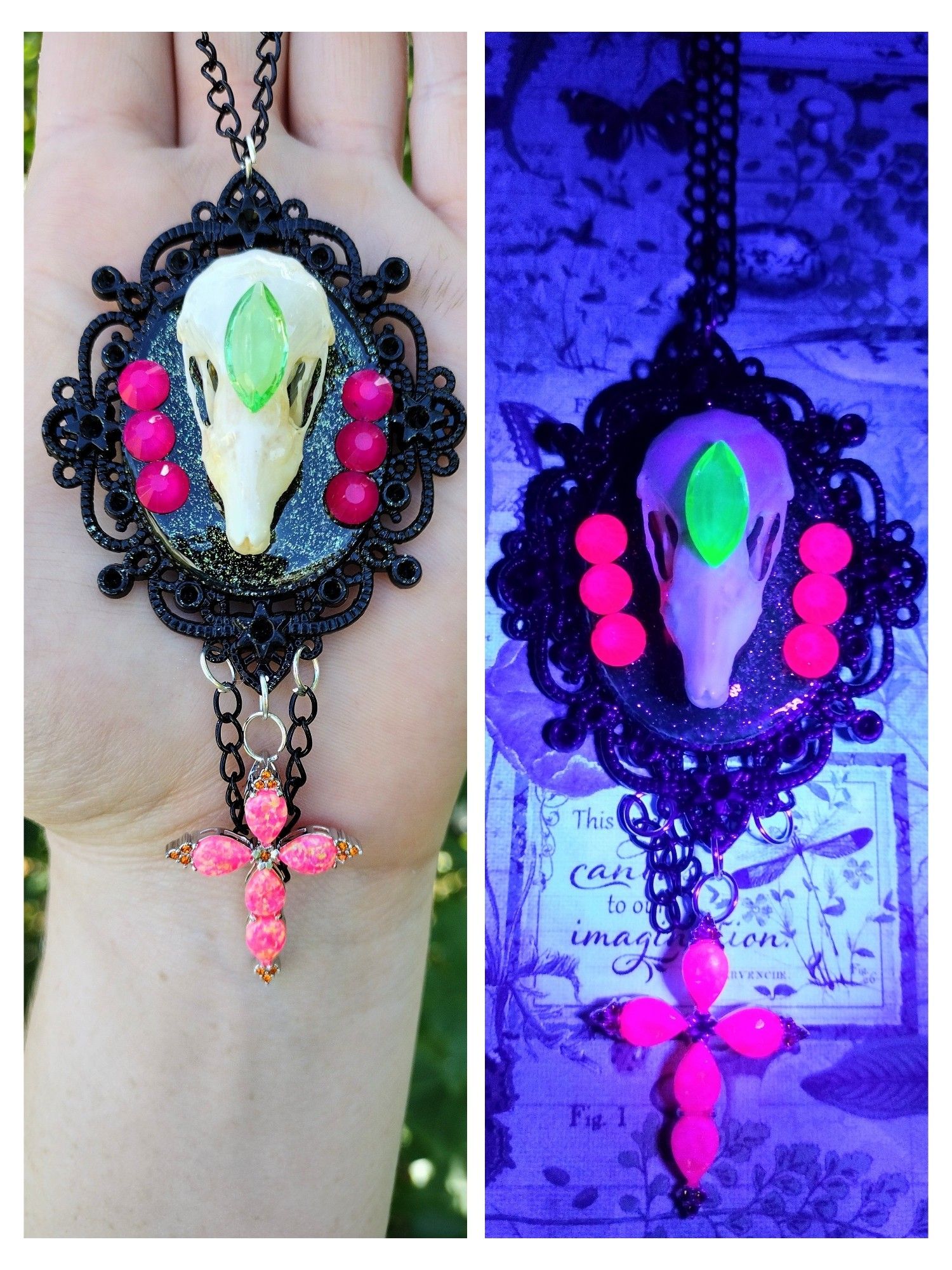 Black cameo necklace consisting of a green glitter background, mole skull, diamond shaped Uranium Glass rhinestone, pink rhinestones, and a dangling pink opal cross and black chain.