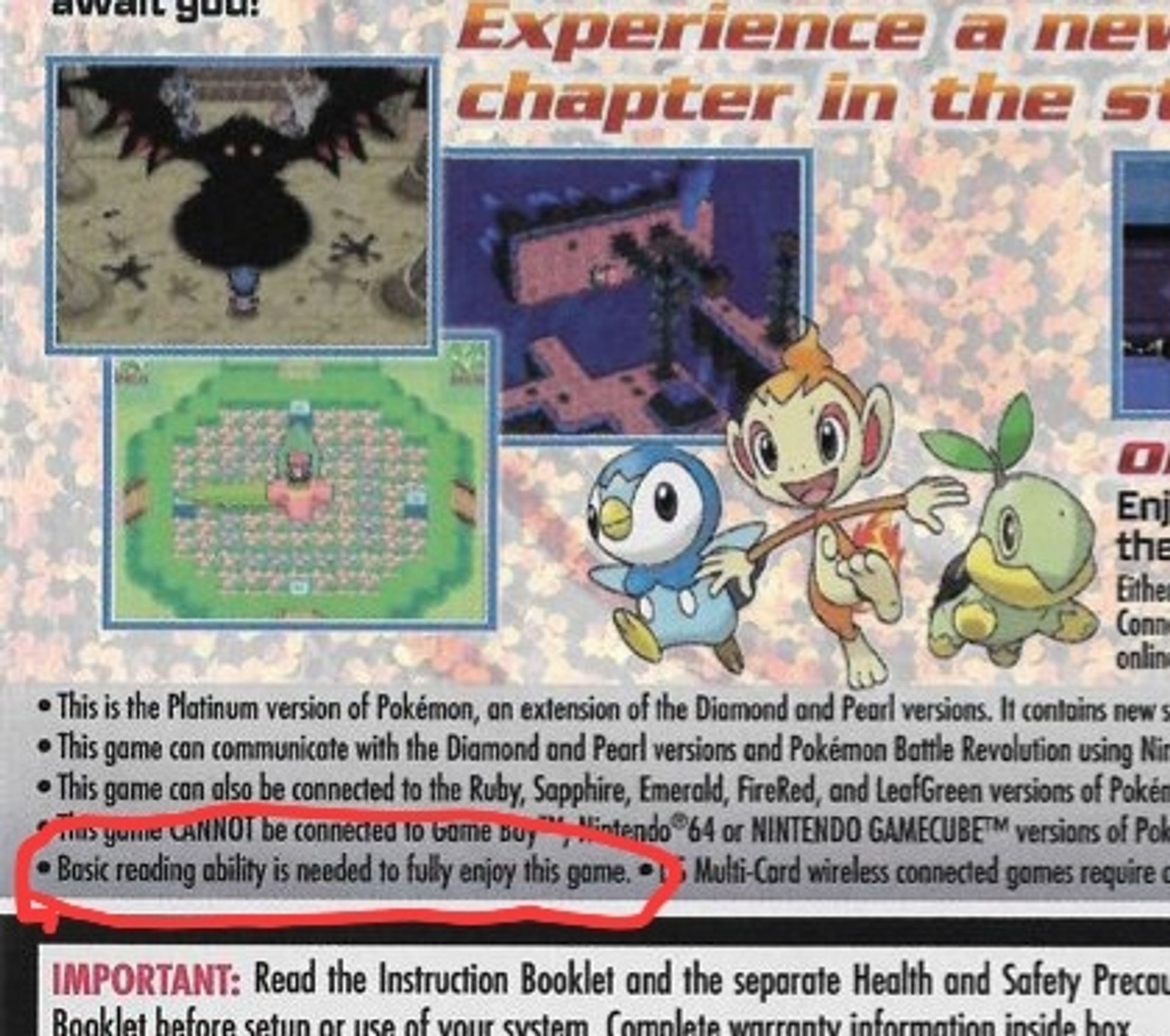 The back of the box of Pokémon Platinum, with the sentence "Basic reading ability is needed to fully enjoy this game" highlighted.