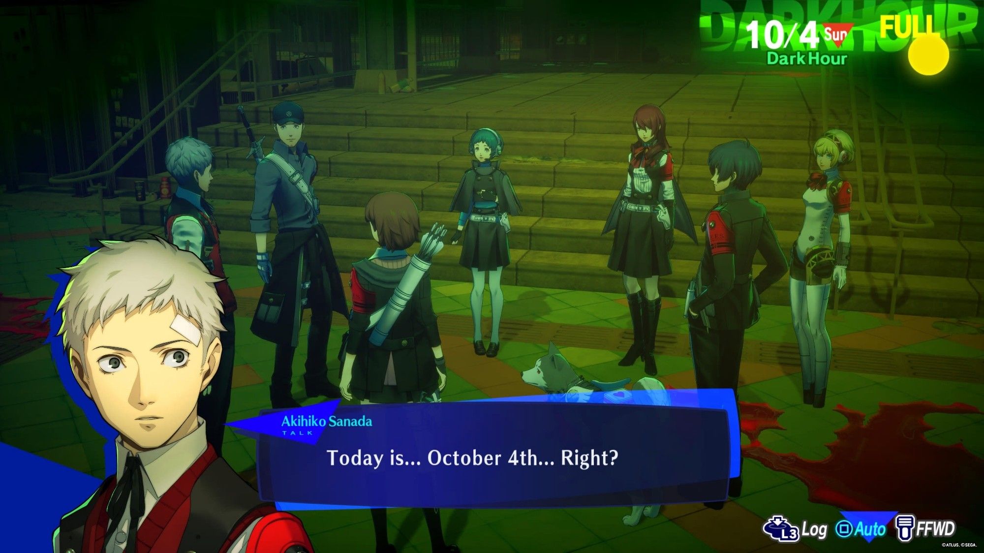 Akihiko Sanada saying "Today is... October 4th... Right?"