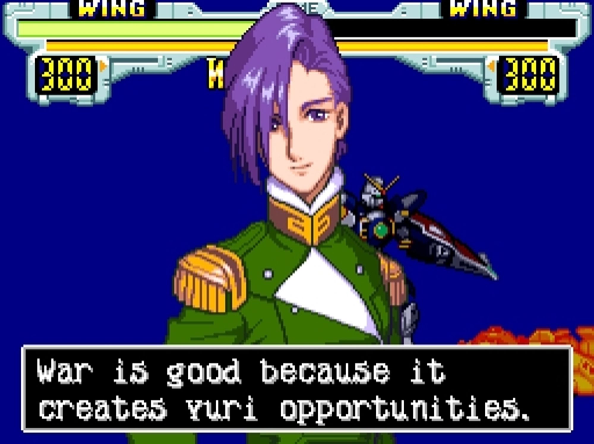 Lucrezia Noin saying "War is good because it creates yuri opportunities."