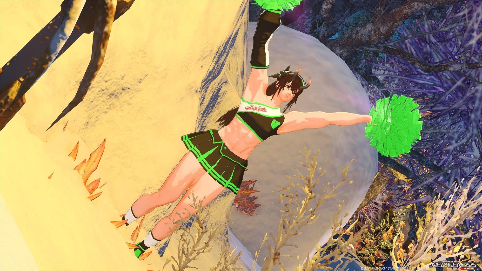 My PSO2 character in a green and black cheerleader uniform with a single sleeve and green pompoms. She's extending her arms up at an angle.