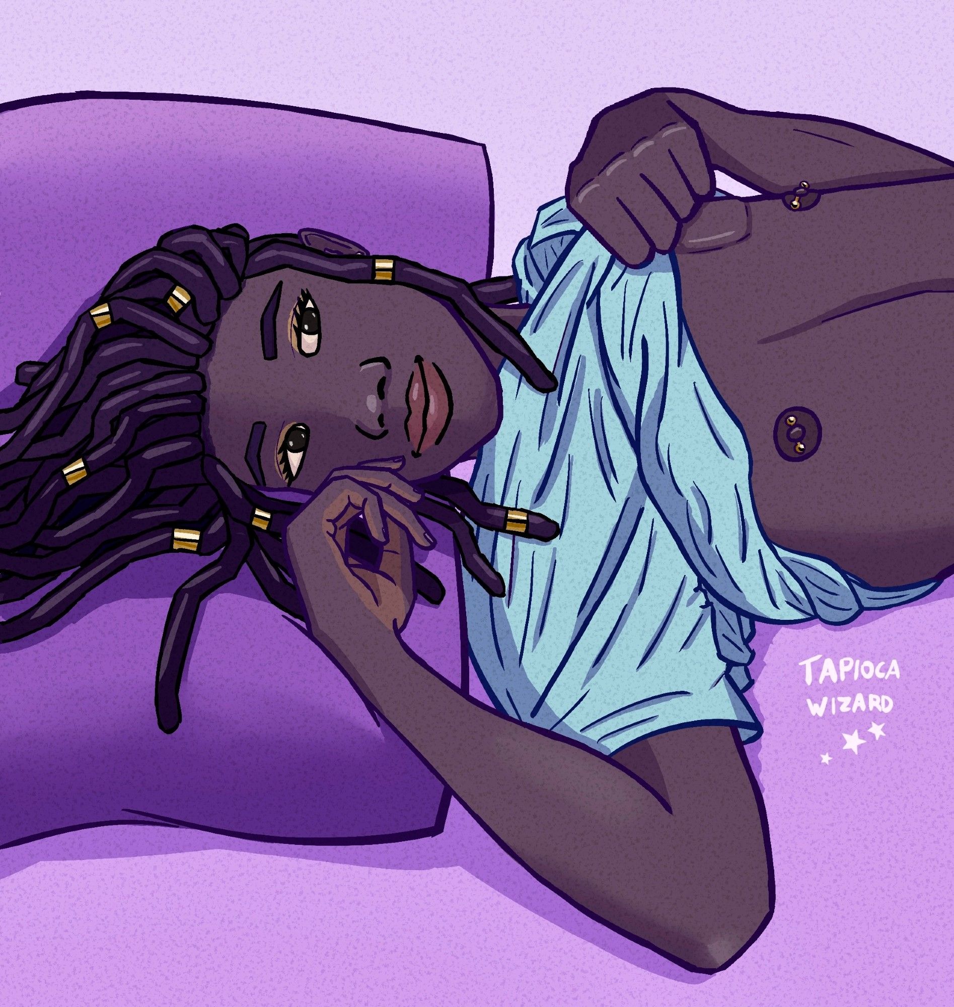 A digital illustration of a young Black man posing on a bed, my character Nzuzi. The image is cropped at his ribs, and he wears a light blue shirt which he's pulled up to reveal his chest. He has dreadlocks that fall over the purple pillow, golden hair jewelry, and reddish-orange lip gloss. He has golden nipple piercings and a visible ICD implant on his chest.