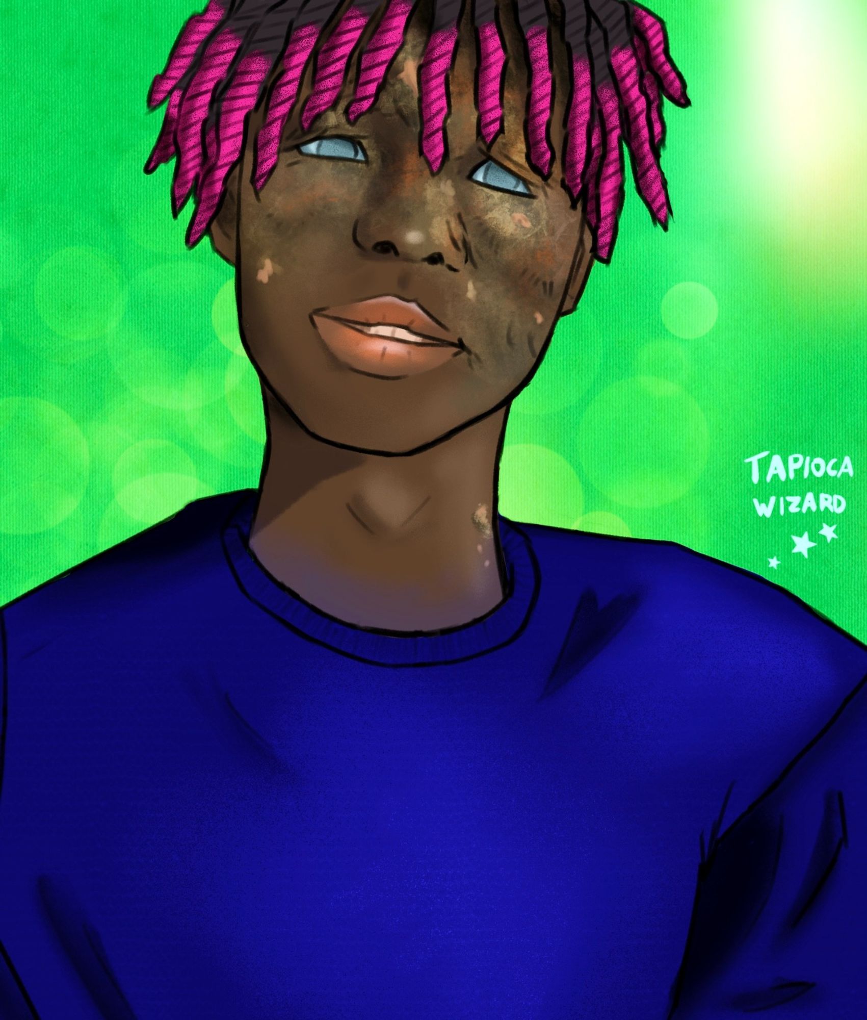 A digital illustration of a young Black man, my character Nsimba, with severe burn scars on his face. He has his hair in fairly short twists with pink dye at the ends.