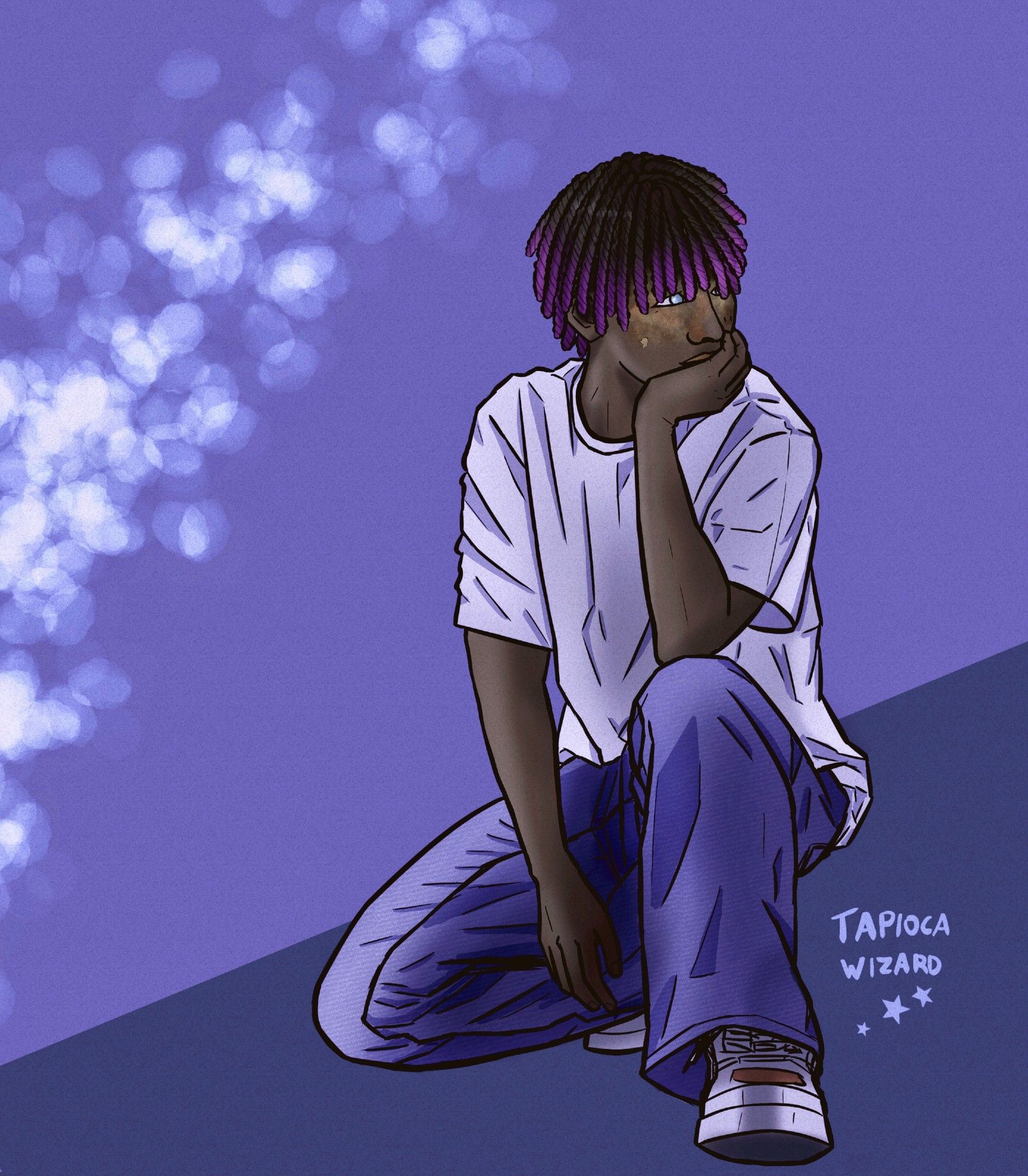 A digital illustration of my original character, Nsimba, a young Black man with a heavily burned and scarred face. His hair is in twists with a purple ombre, with some of his hair falling over his face and eyes. He poses crouched on the ground, with one hand partially over his mouth, his elbow on his knee. He wears jeans and a white t-shirt.