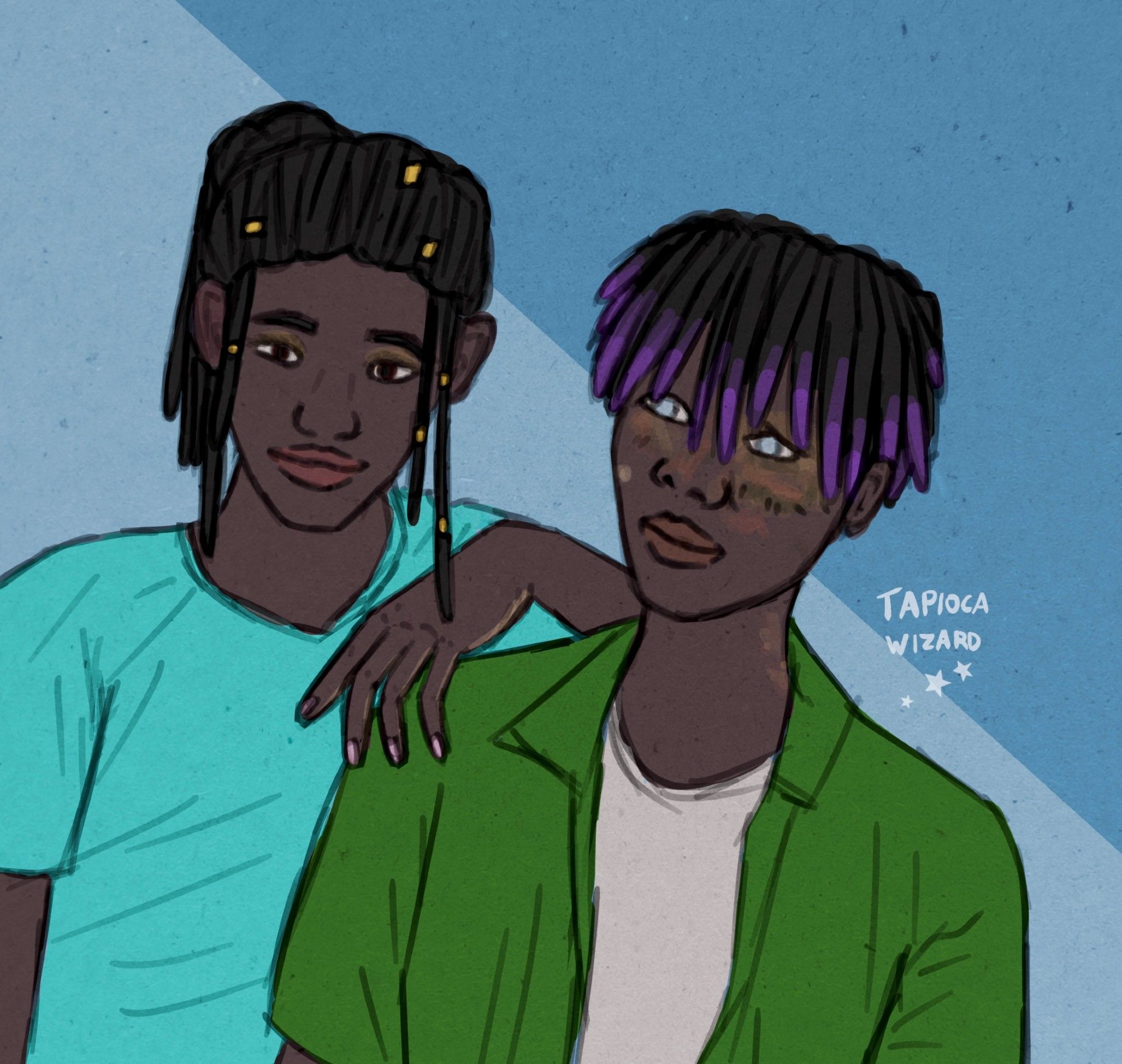 A digital sketch of two twins, my OCs Nzuzi and Nsimba. Nzuzi, on the left, poses with a hand draped over Nsimba's shoulder. Nzuzi has dreadlocks pulled into a ponytail, a light blue shirt, and various makeup and jewelry. Nsimba has his hair in short twists with purple at the ends, and wears a green button-up shirt over a white tshirt. His face is scarred and he has visible cataracts as he looks just off-center of the viewer.