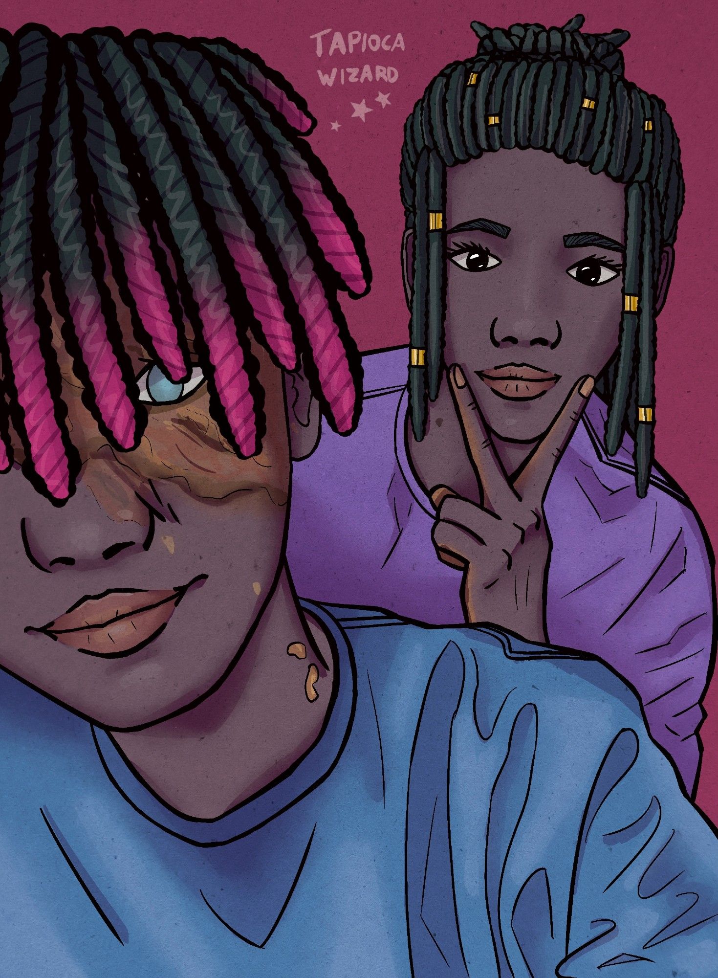 Digital art of my two OCs, identical twins Nzuzi and Nsimba. Both are young Black men, cutely posing for a selfie. Nsimba, in the front, has part of his face cut off and a lot of the rest covered by his hair, which is in pink-ombre twists. His face underneath is heavily scarred. Nzuzi behind him poses with a peace sign, his hair in long dreadlocks which are mostly tied back, and he has small gold jewelry throughout. Nzuzi looks much more feminine overall. They wear matching pajama shirts in similarly-toned blue and purple.