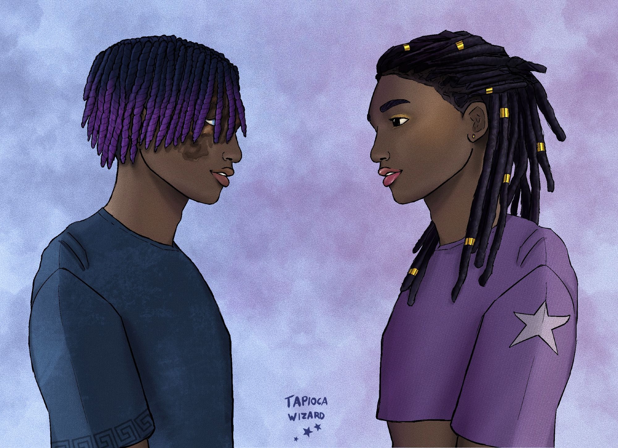 Digital art of two characters facing each other. Their face shapes and poses are mirror images of each other, with a lot of changes between the two despite clearly being twins. They are both young Black boys in their early 20s. The one on the left, Nsimba, wears a t-shirt and has his hair in medium-length twists with a purple ombre at the bottom. His face is heavily scarred on the top half, but a lot of his hair hangs over his face to conceal it. The boy on the right, Nzuzi, has longer dreadlocks with gold jewelry, and he wears makeup, coloring his lips more pink and his eyelids gold. He wears a purple crop top and overall has a slightly slimmer build.