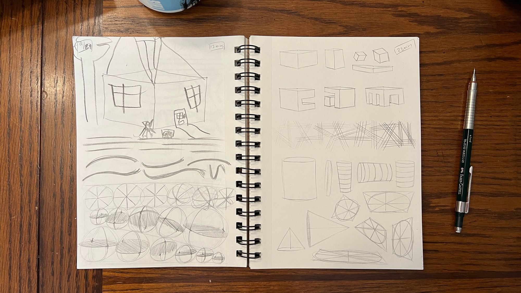 An open sketchbook on a table. The pages are filled with pencil sketch warmups such as lines, ellipses, shapes, and hatching.