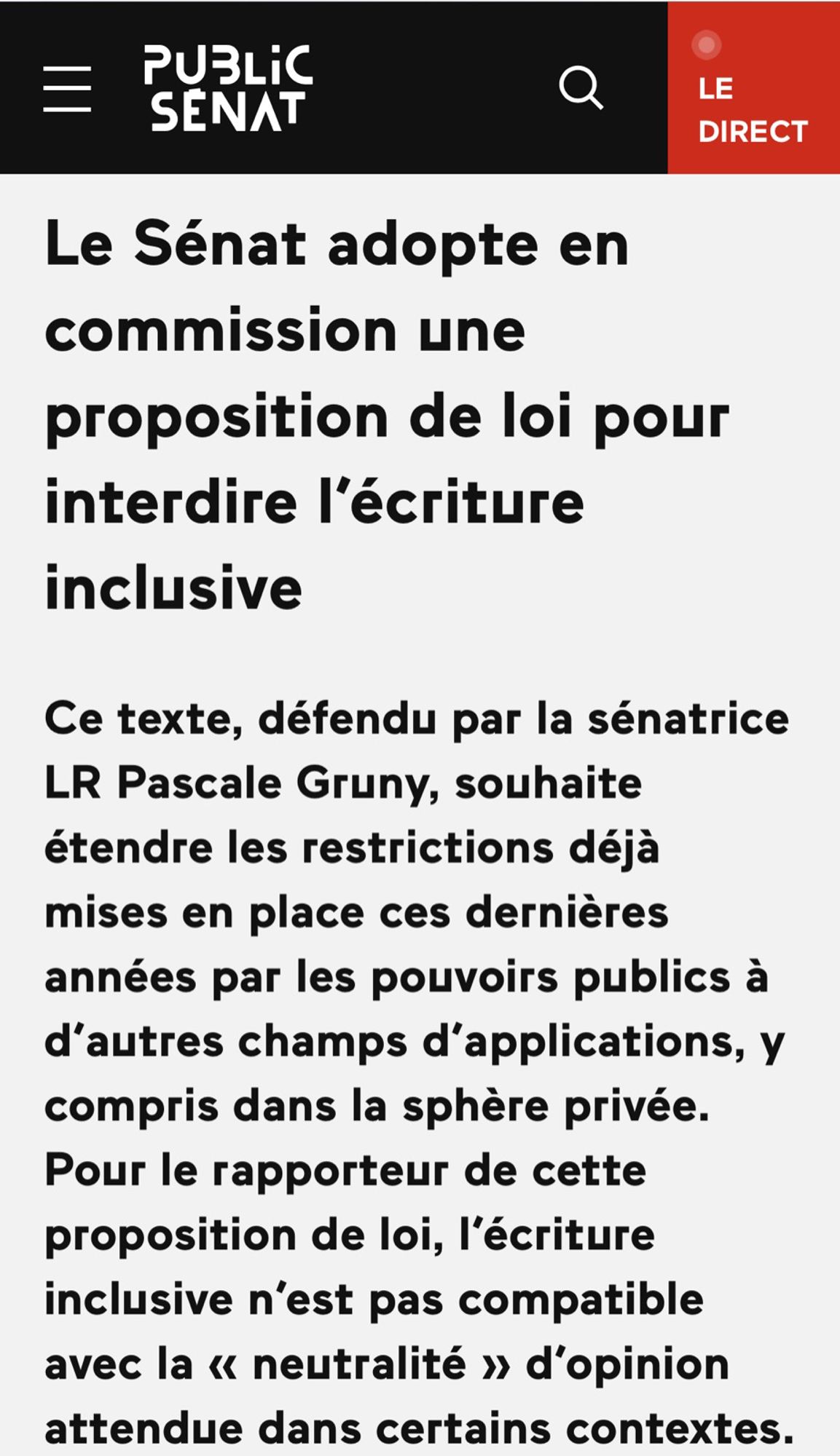 Capture d’écran de l’article de Public Sénat qui rend compte du vote.