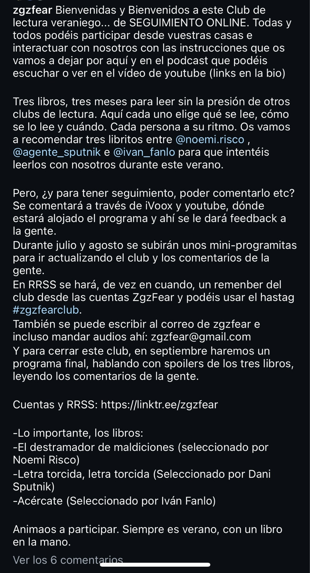 El post en IG en que explican la forma de participar en el club de lectura veraniego.
Recuerda: “Siempre es verano,con un libro en la mano”.