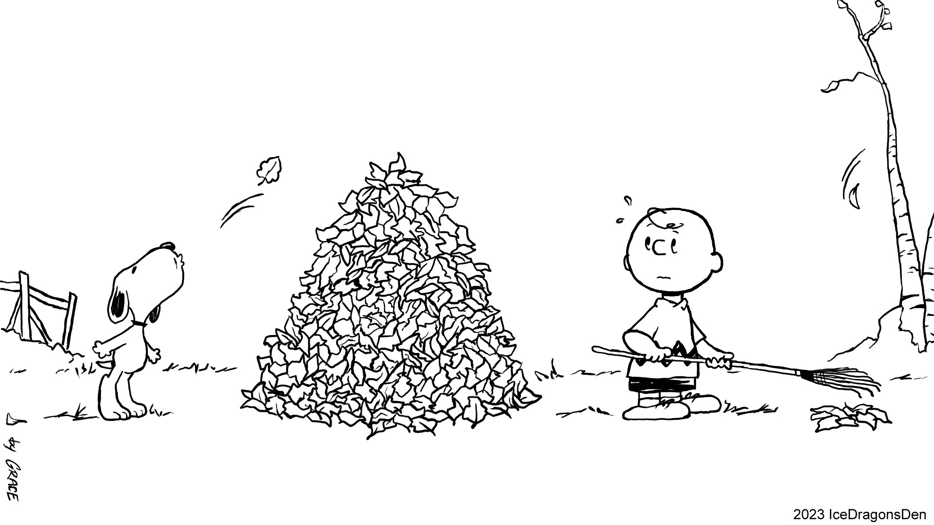 A scene from "It's the Great Pumpkin, Charlie Brown!" redrawn in the art style of the Peanuts comics. Charlie Brown is raking leaves outside whilst looking at Snoopy blow a singular leaf on top of a pile of leaves much larger than the two characters shown.