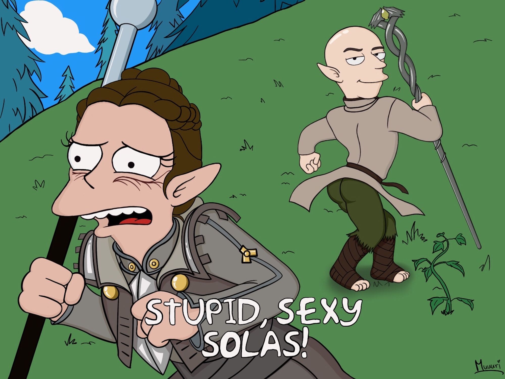 The Stupid Sexy Flanders meme, but in Flanders’ place is Solas from Dragon Age Inquisition, wearing his tan shirt/green pants outfit and wielding Tyrdda’s Staff (classic dragon age double helix dragon staff design), wigglin’ his booty next to some elf root. In Homer’s place is my female mage inquisitor Lavellan, wearing starter gear and wielding Lovias’ Wrath (unique staff), looking distressed and shouting “Stupid Sexy Solas!”