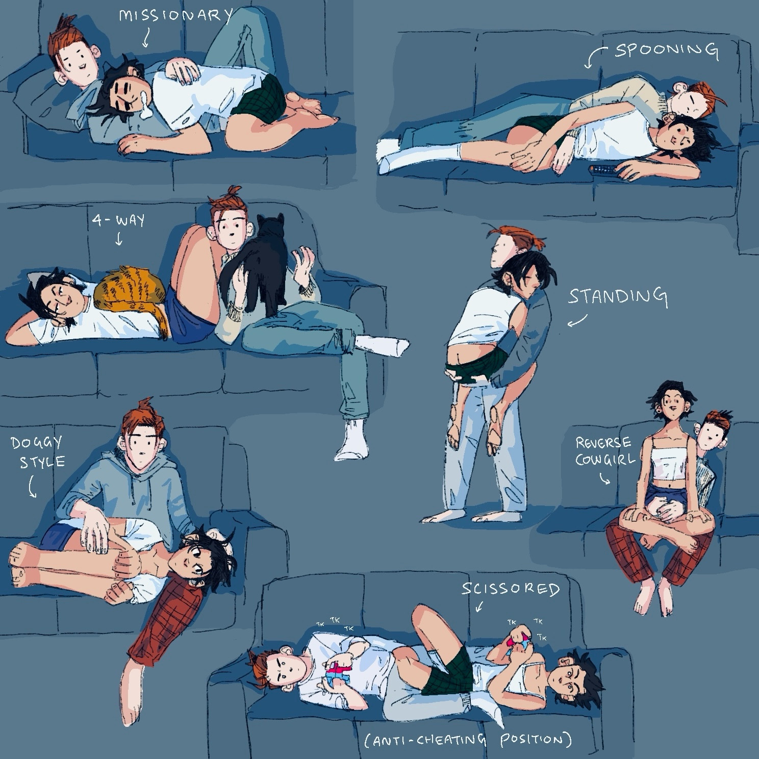 A drawing of 7 different configurations of a couple sitting on the sofa. Each position is labelled after a sex position that the cuddling resembles. 

Transcription of positions in the image: missionary - spooning - 4-way - standing - doggy style - reverse cowgirl - scissored