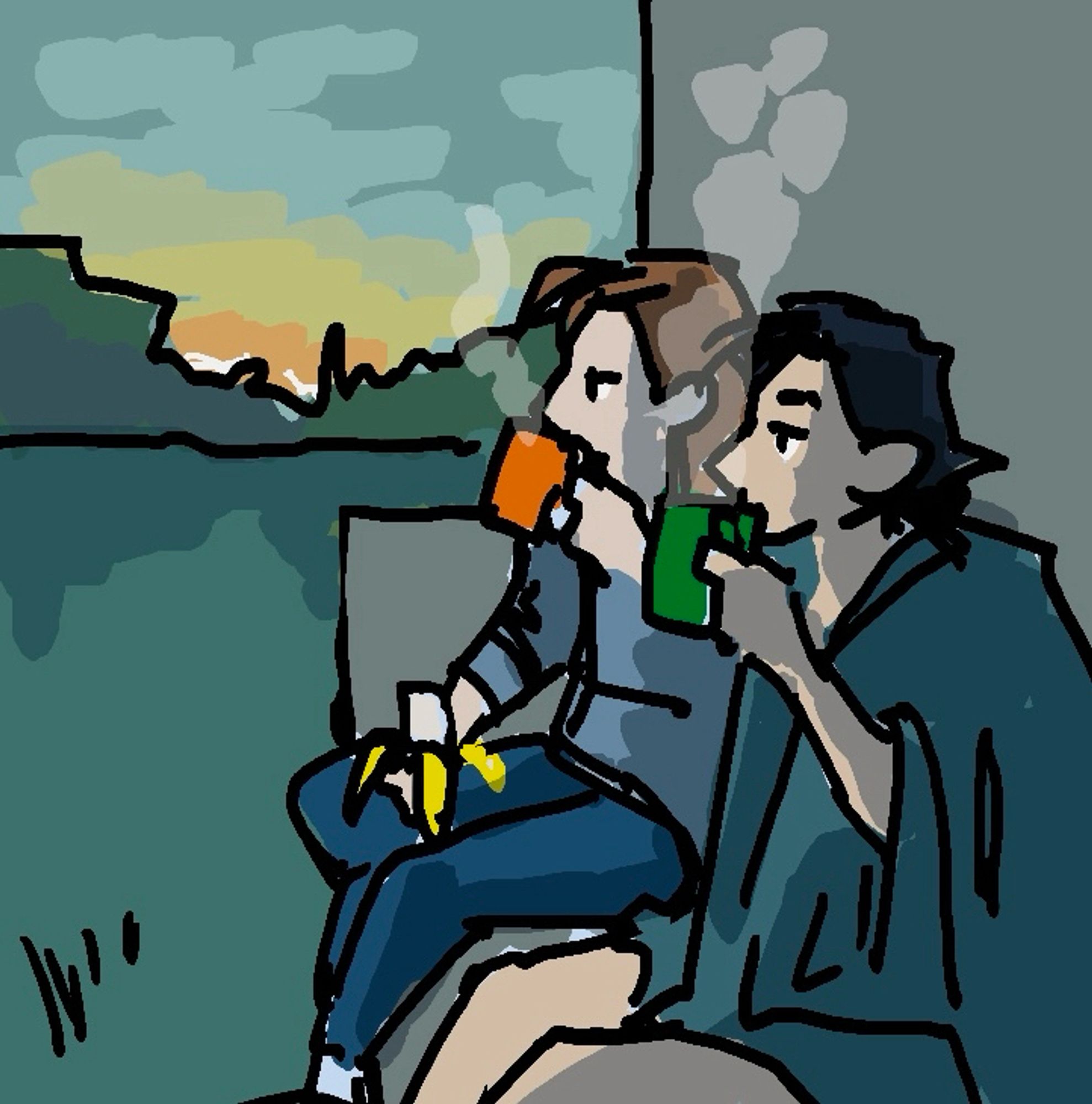 Two warmly-dressed characters sip steamy drinks and watch a sunrise