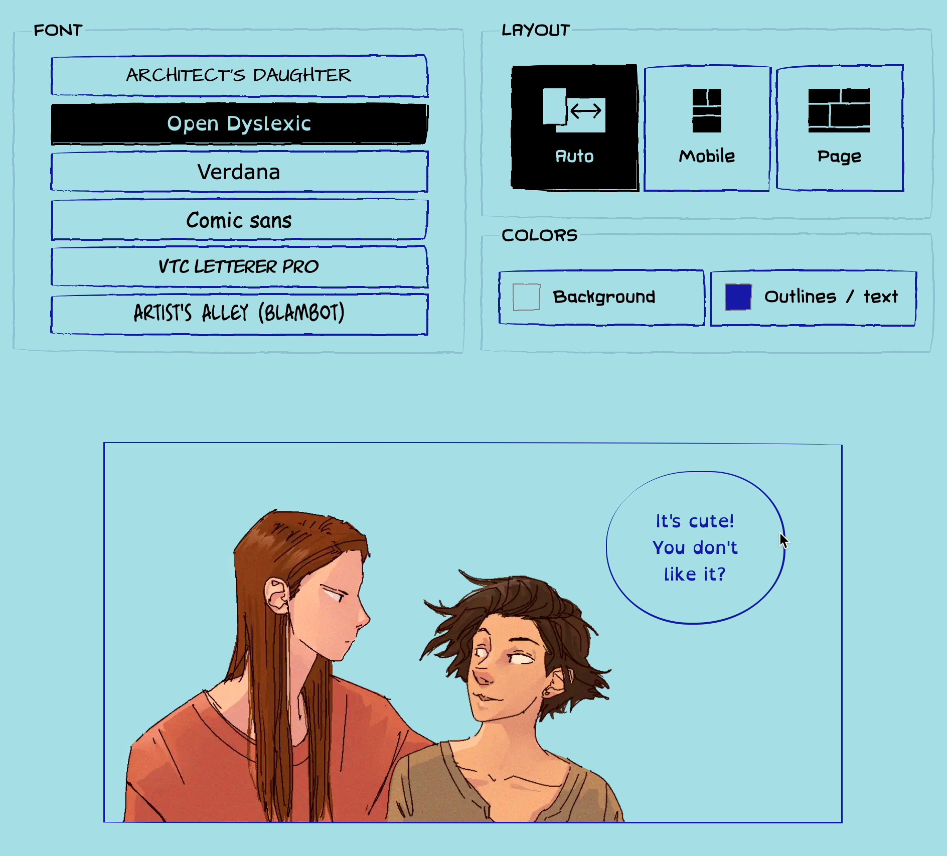 A screenshot showing a website. There are several UI options relating to the presentation of a comic. These include font, layout, and the background and font colors.