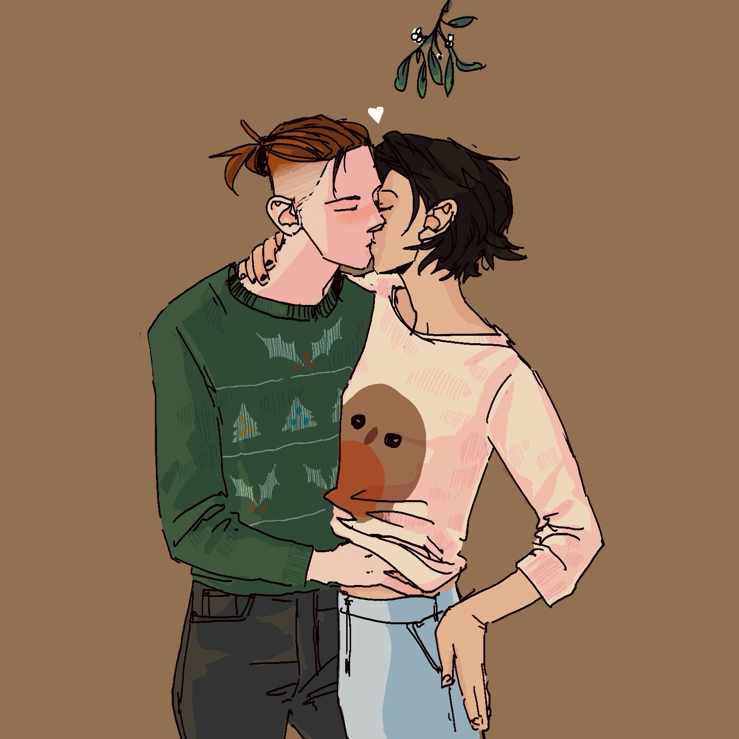 A digital drawing. Two characters are wearing christmas-themed sweaters. They are kissing underneath some mistletoe.