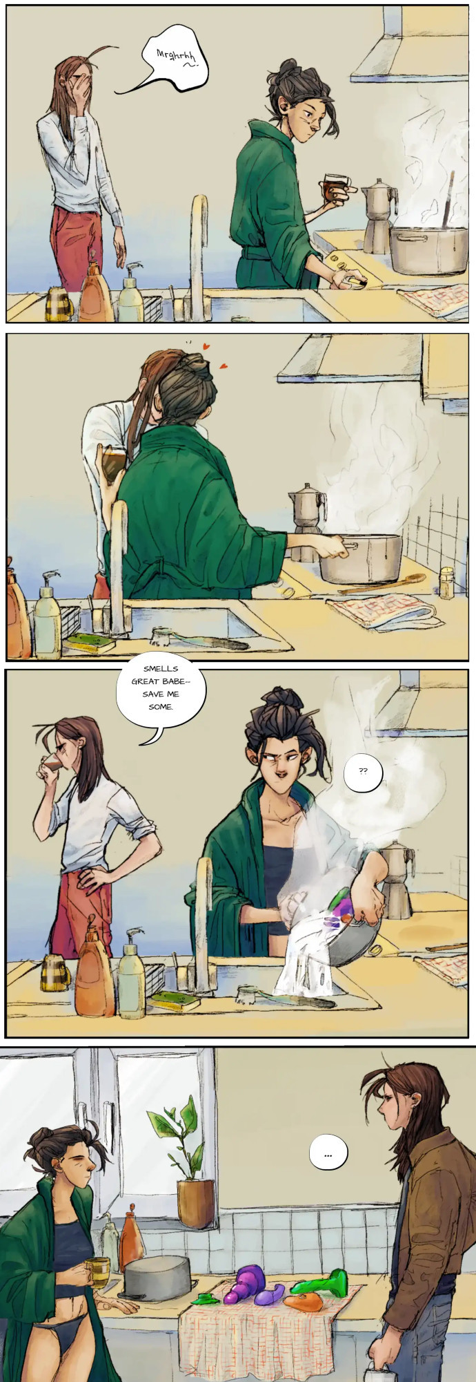 A digital comic. There are 4 panels. In the first panel, a character approaches their partner at the stove. In the second panel, they kiss. In the third panel, one character pours out water from the pot on the stove. The other character walks away, commenting their cooking smells good. The fourth panel shows that the contents of the stove was several dildos being sanitized - not food.