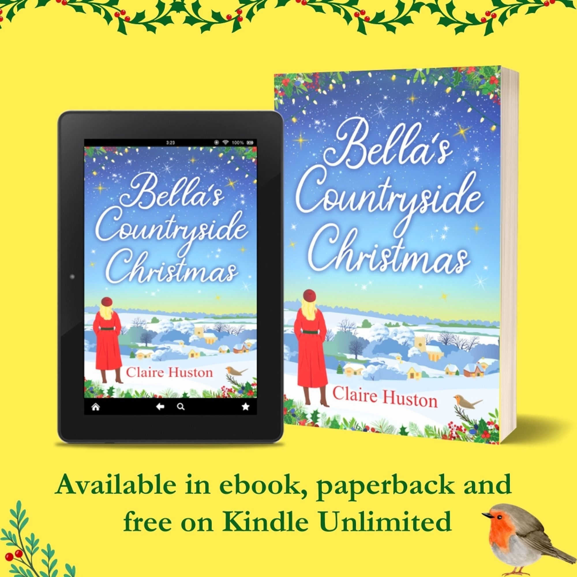 Bella's Countryside Christmas in ebook and paperback. Book cover shows a snowy village scene with a robin and woman in the foreground.