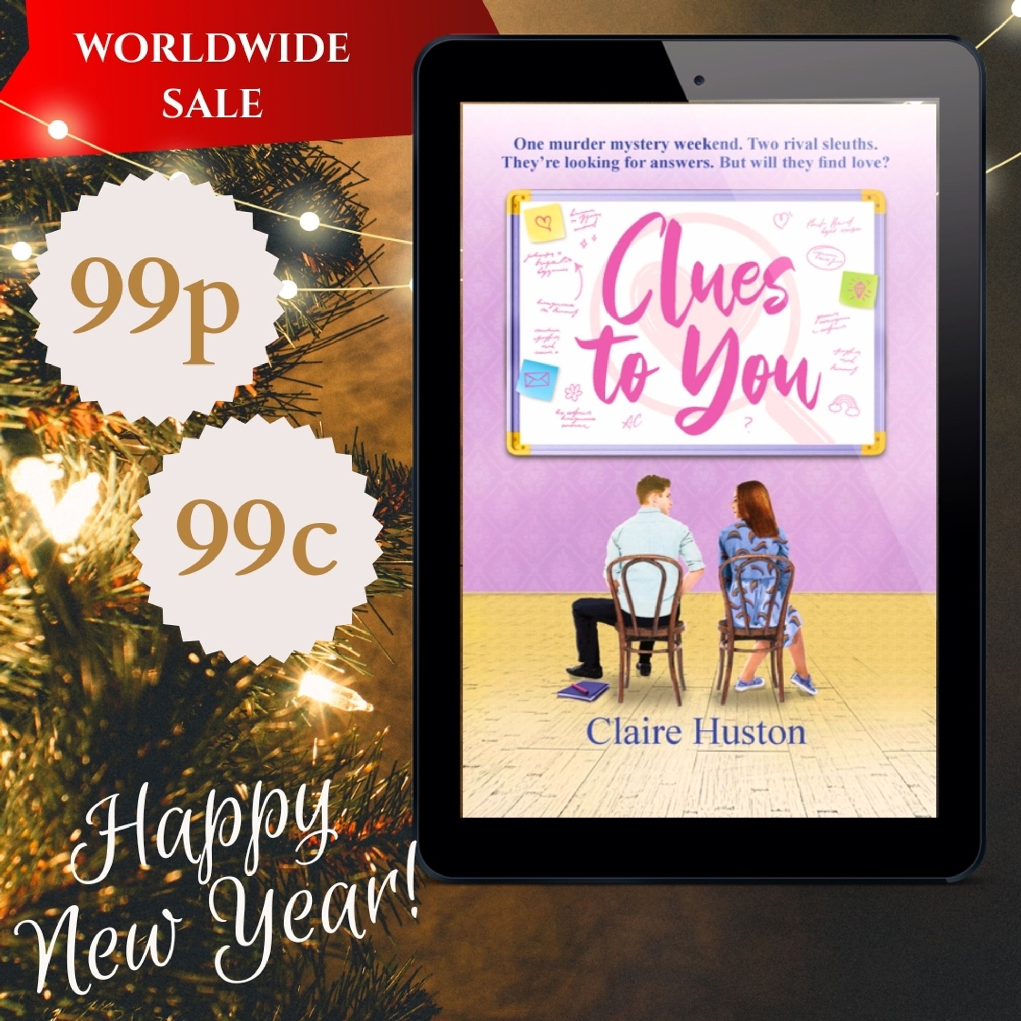 99p /99c sale of Clues to You with book cover and Happy New Year message