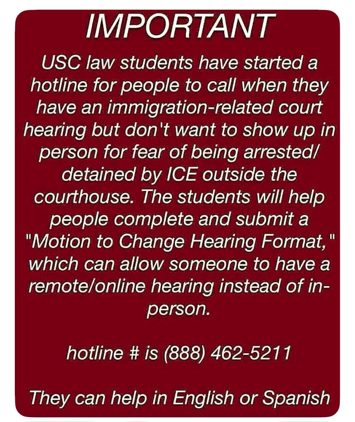 Hotline to change in person immigration appointments to online
888-462-5211