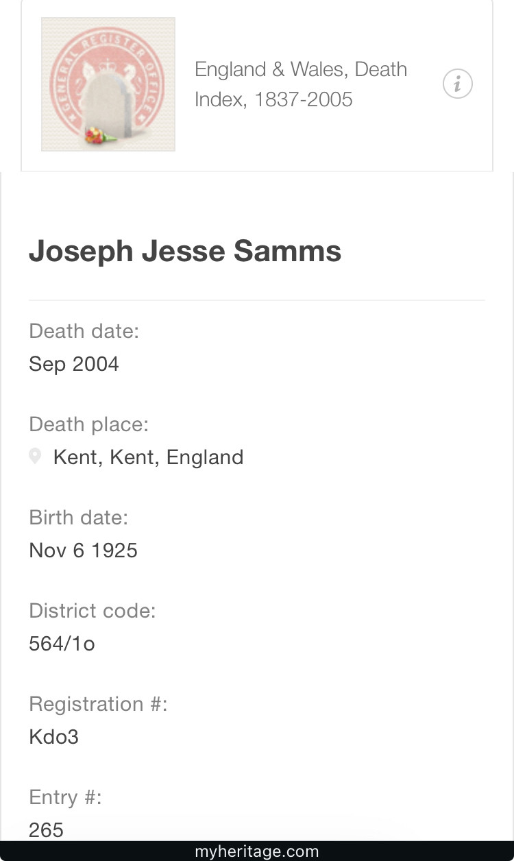 Record of Joseph Jessie Samms from myheritage. Born Nov 6th 1925