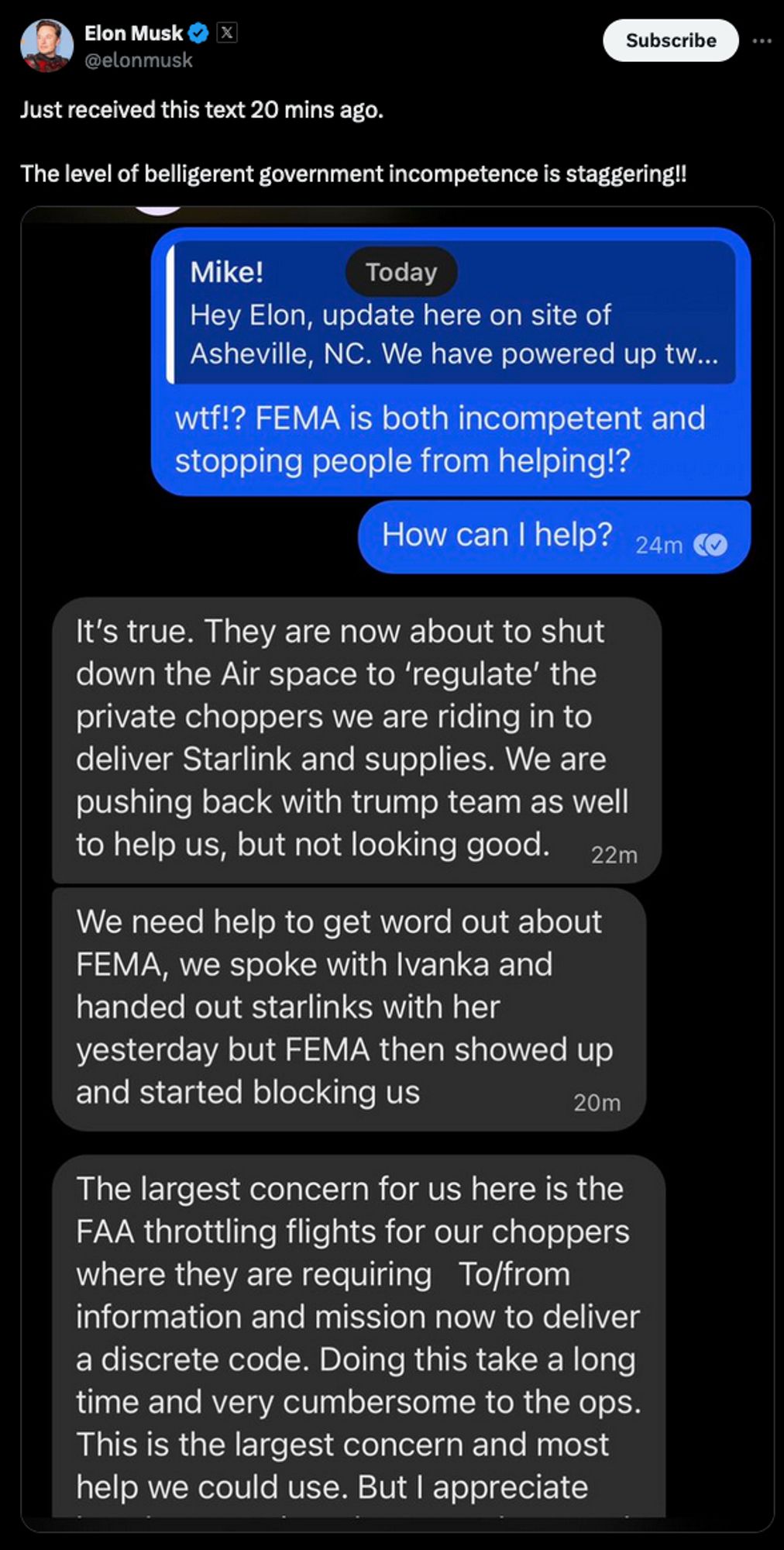 Elon Musk shared a text from someone claiming FEMA is 'shutting down airspace and blocking them' from using private helicopters into areas in North Carolina impacted by Hurricane Helene