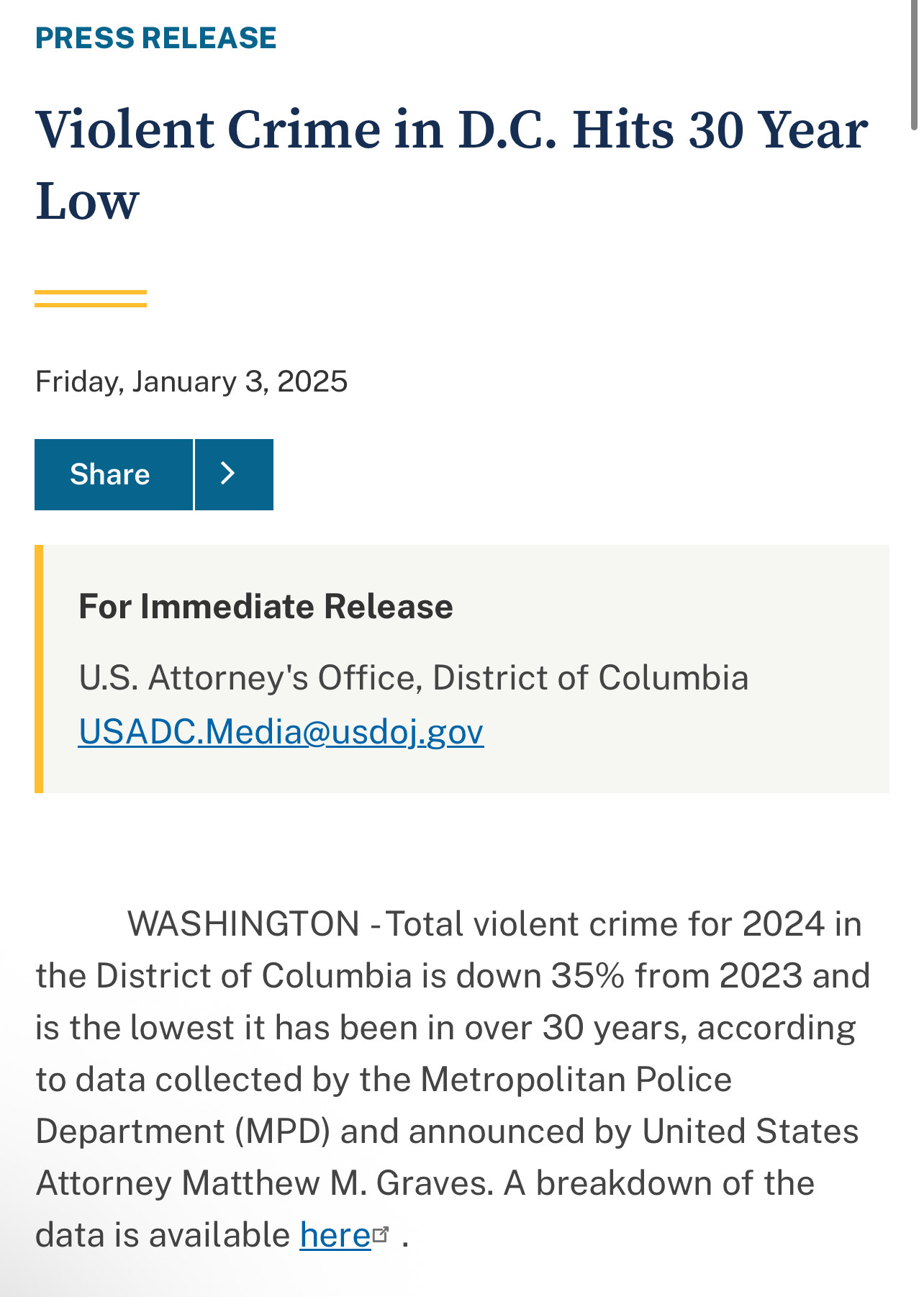 Press release: “Violent Crime in DC hits 30 year low”