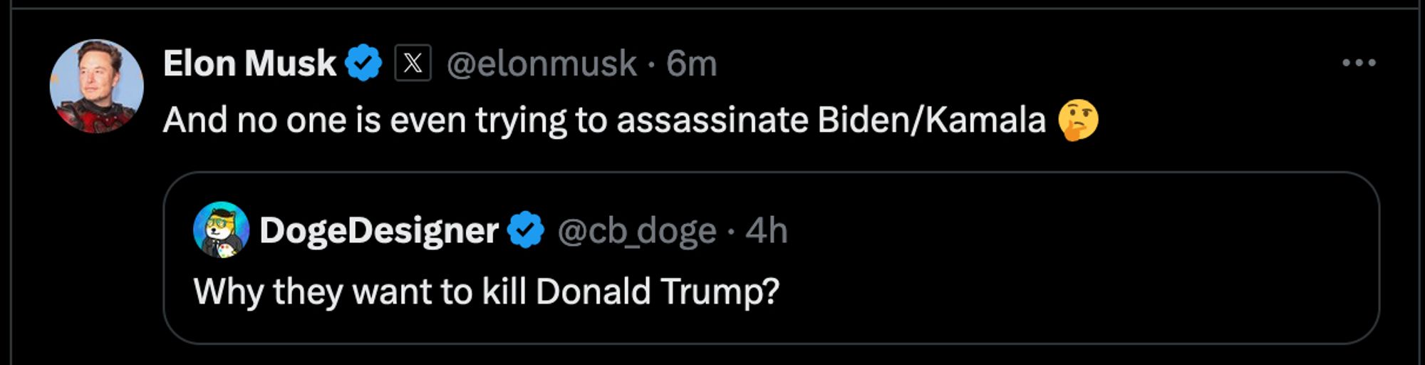 Elon Musk: "And no one is even trying to assassinate Biden/Kamala 🤔"