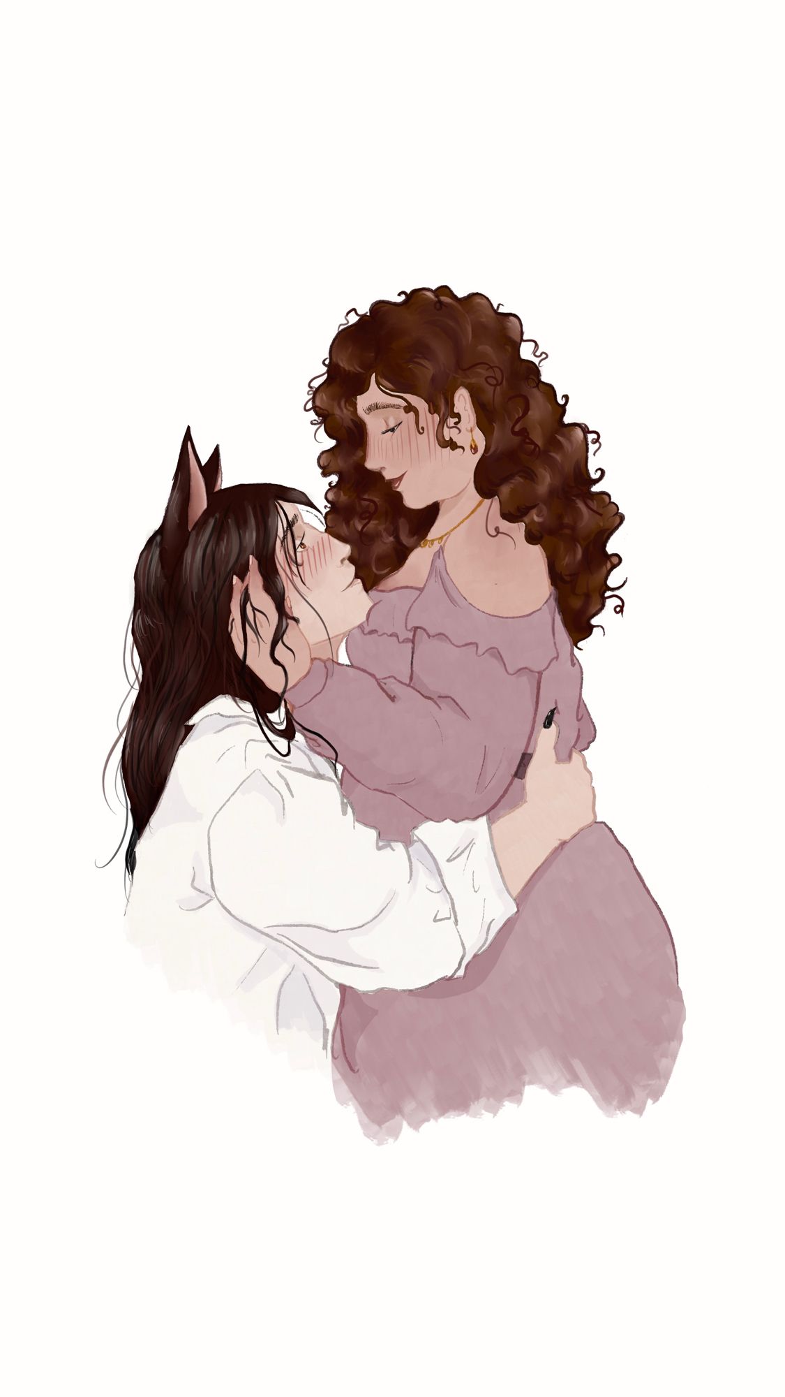 Profile Drawing of Man with fox ears and black hair in a white shirt kneels before a standing woman in a lilac dress. His chin rests on her breast. His arms are around her waist and her hand is in his hair. They are staring lovingly into  one another’s eyes.