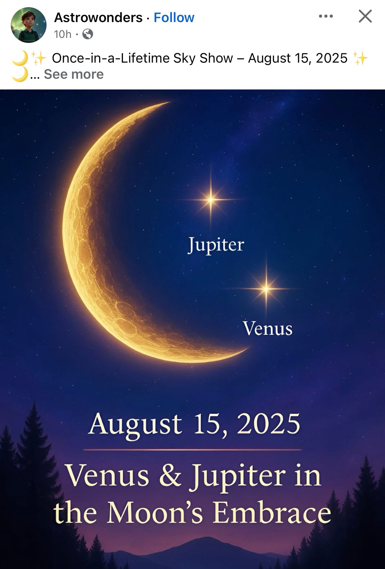 Crescent moon with Jupiter and Venus but the planets are IN the moon there is sky where the dark part of the moon should be 