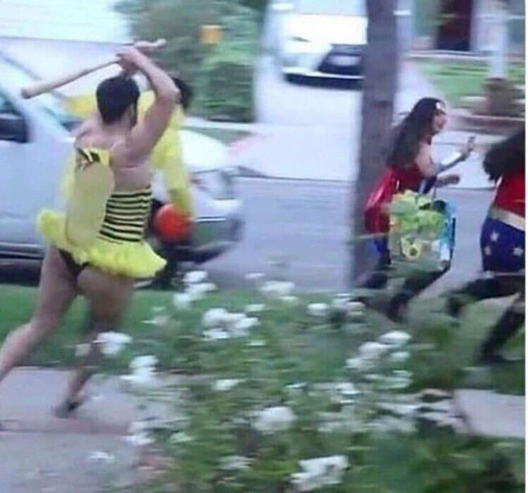 dude in a bee costume chasing two women with a baseball bat. his ass is hanging out. not a picture of me, you can tell bc my ass is perky like a little boy’s. i got a little boy butt thank you